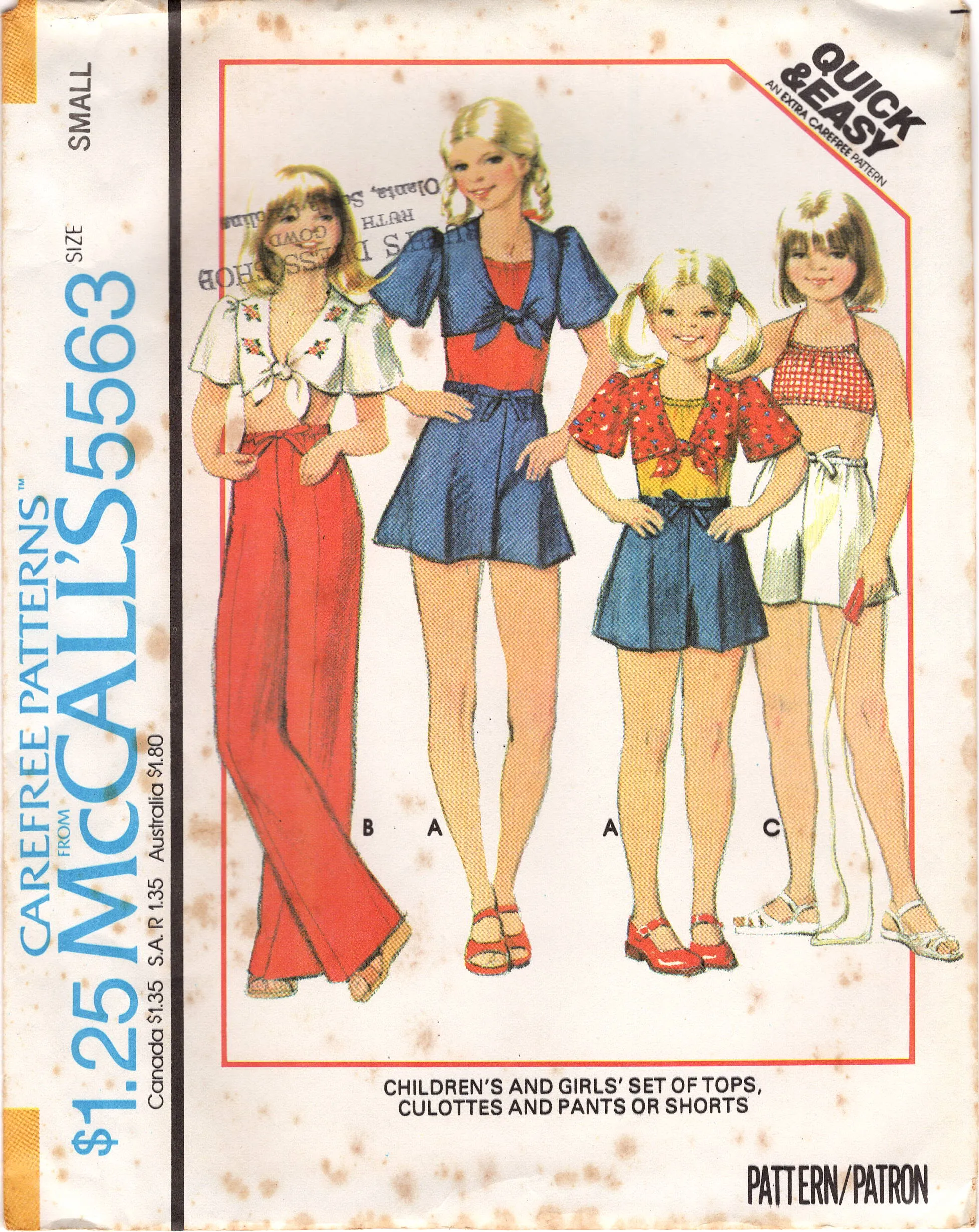 1970's McCall's Child's Summer Blouse with Front Ties and Culottes, Pants or Shorts - Chest 25-32" - No. 5563