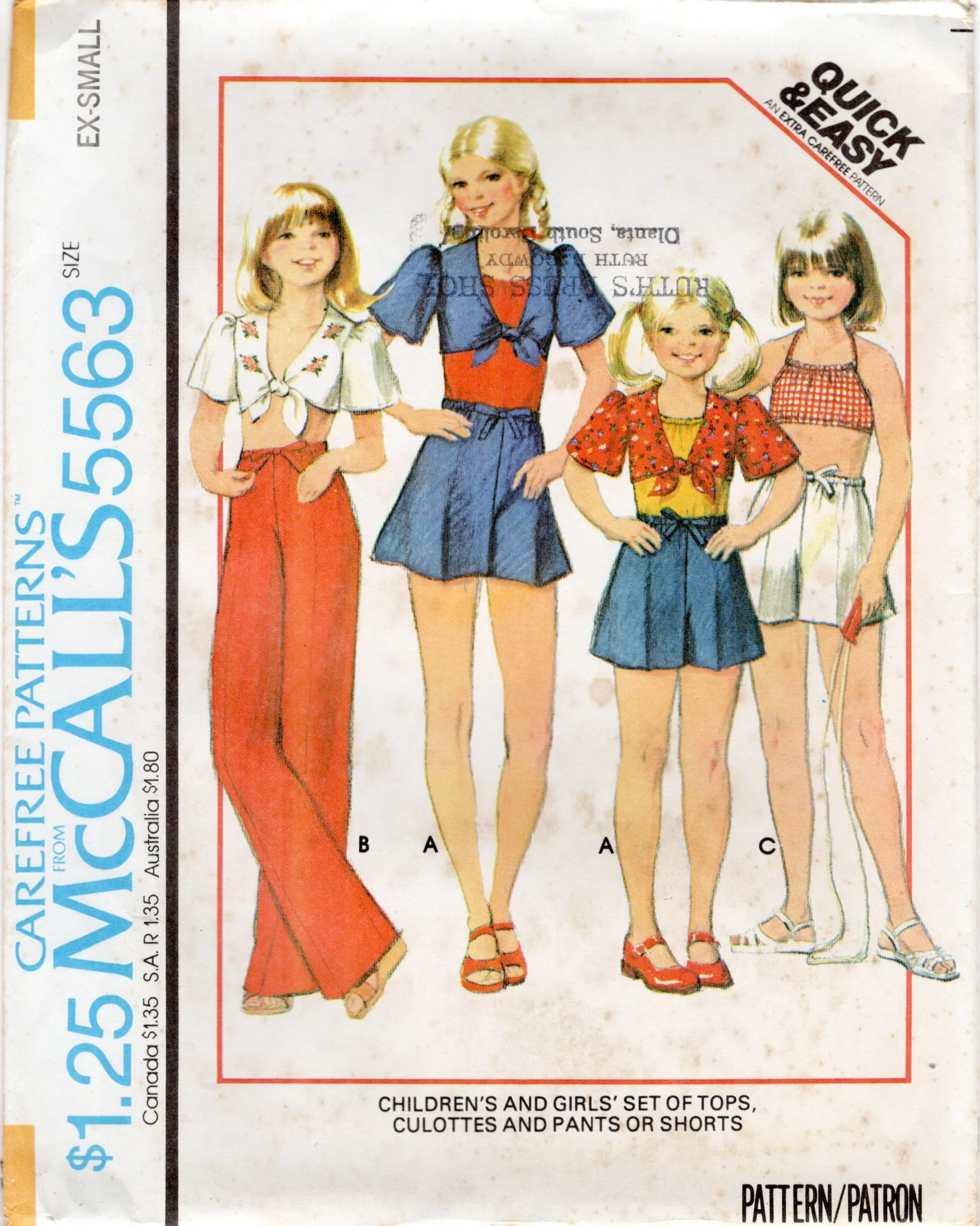 1970's McCall's Child's Summer Blouse with Front Ties and Culottes, Pants or Shorts - Chest 25-32" - No. 5563