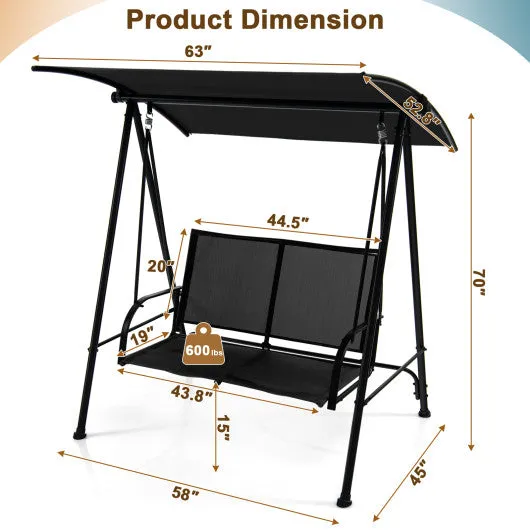 2-Seat Outdoor Canopy Swing with Comfortable Fabric Seat and Heavy-duty Metal Frame-Black