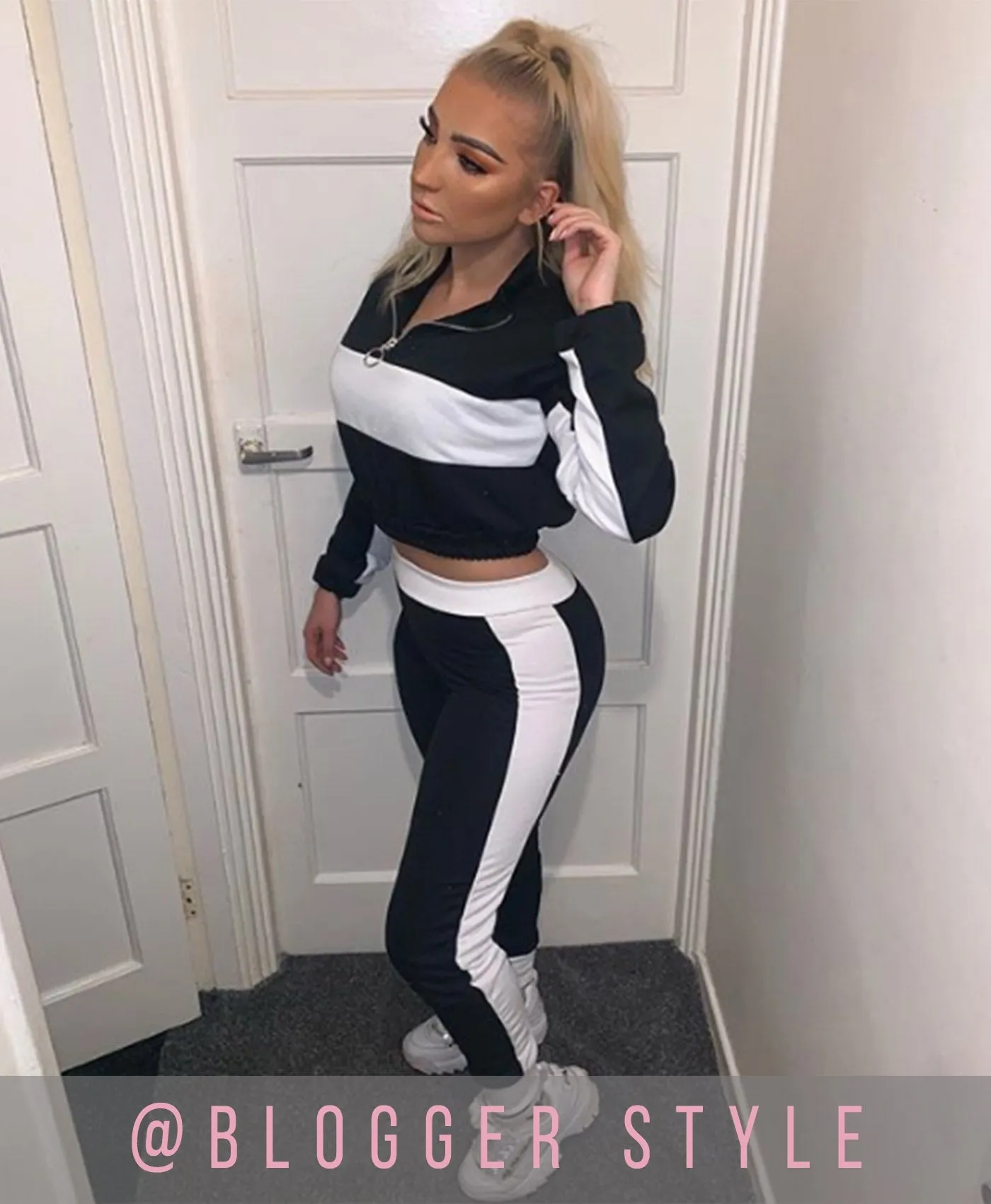 Black Contrast Crop Sweatshirt & Joggers Loungewear Tracksuit