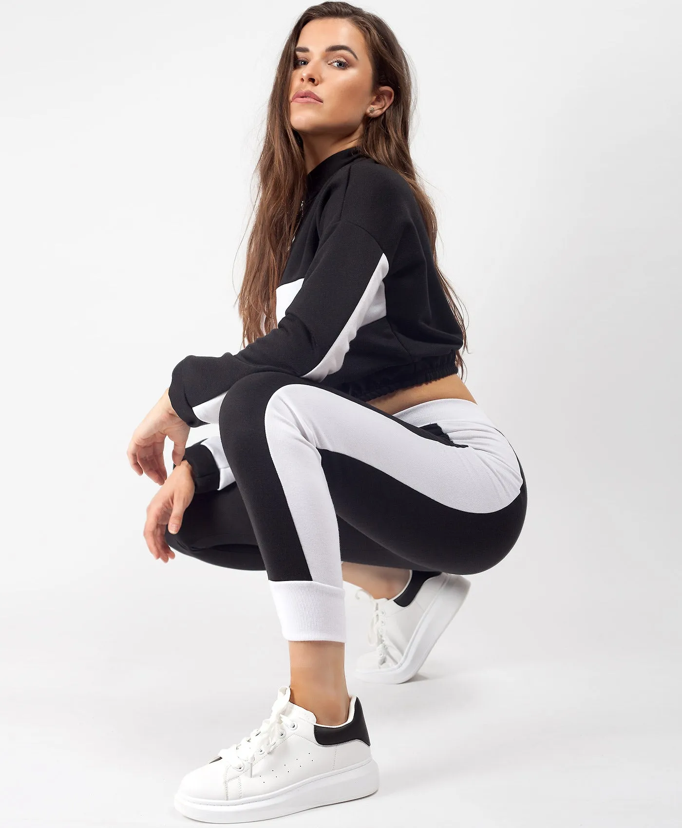 Black Contrast Crop Sweatshirt & Joggers Loungewear Tracksuit