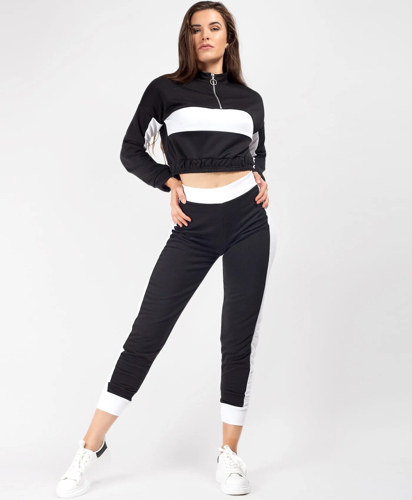 Black Contrast Crop Sweatshirt & Joggers Loungewear Tracksuit