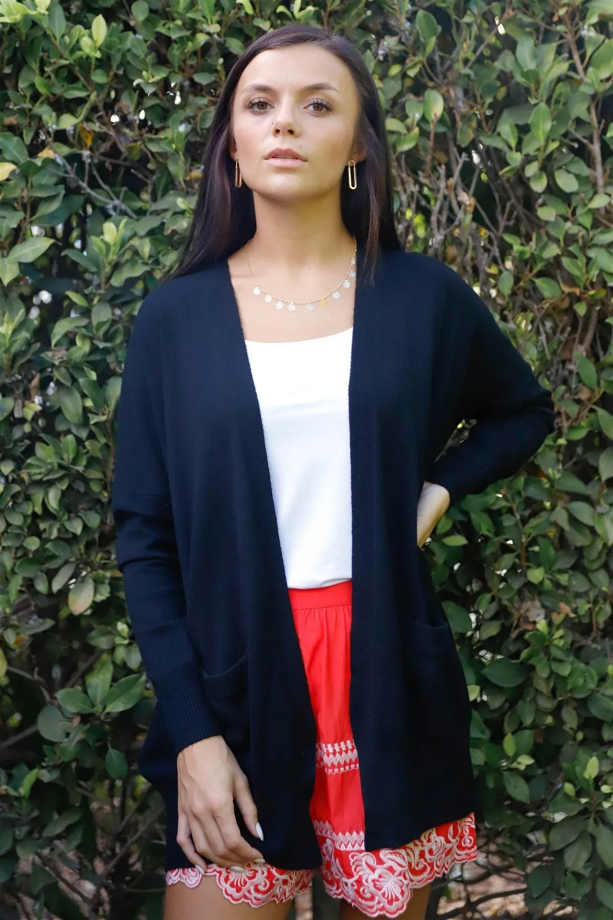 Black Knit Open Front Long Sleeve Cardigan /3-3