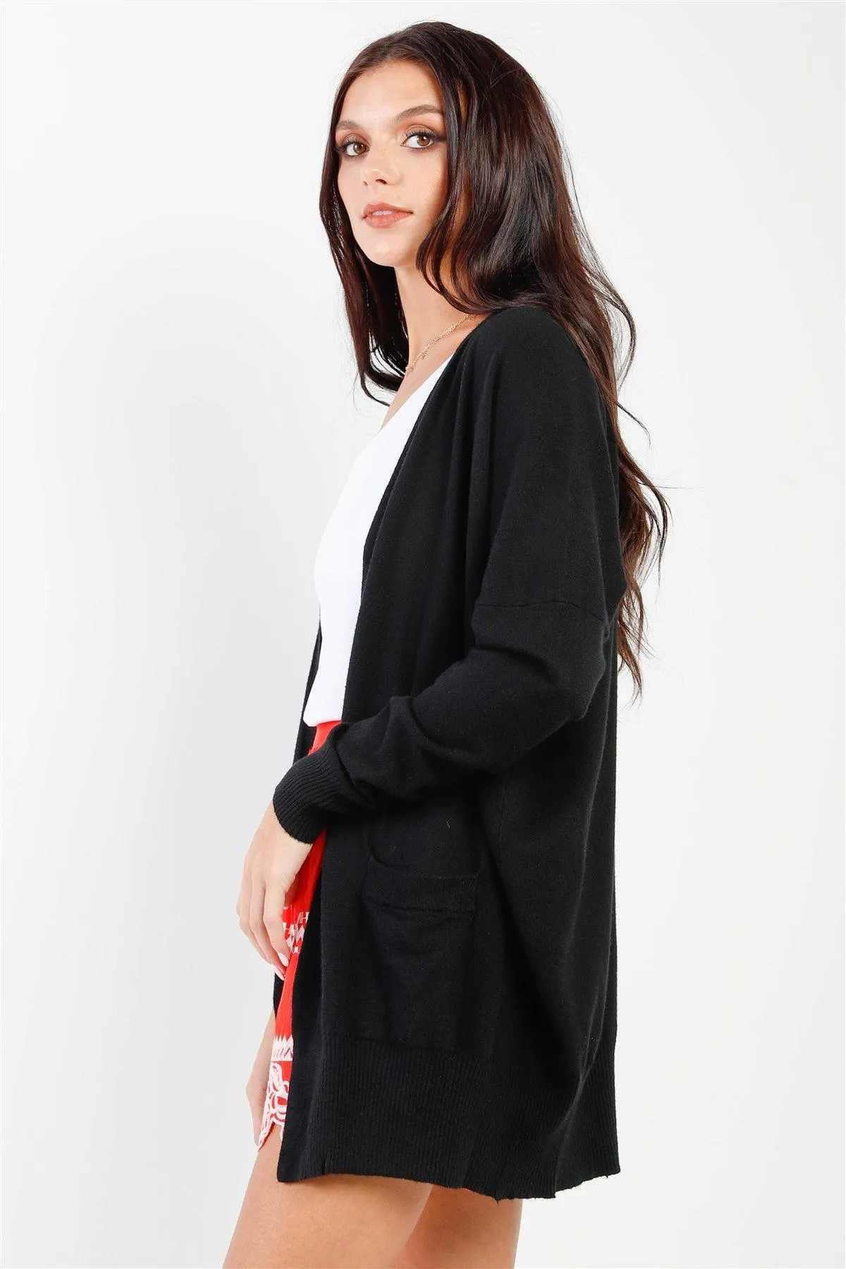 Black Knit Open Front Long Sleeve Cardigan /3-3