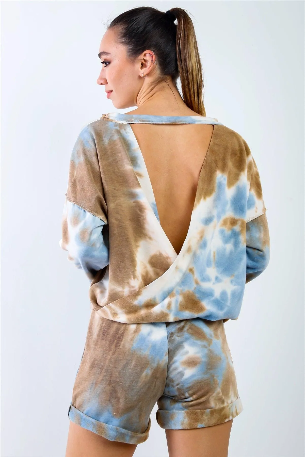 Blue & Mocha Tie-Dye Inside Out Wrap Open Back Sweatshirt & High Waist Shorts Set /3-2-1