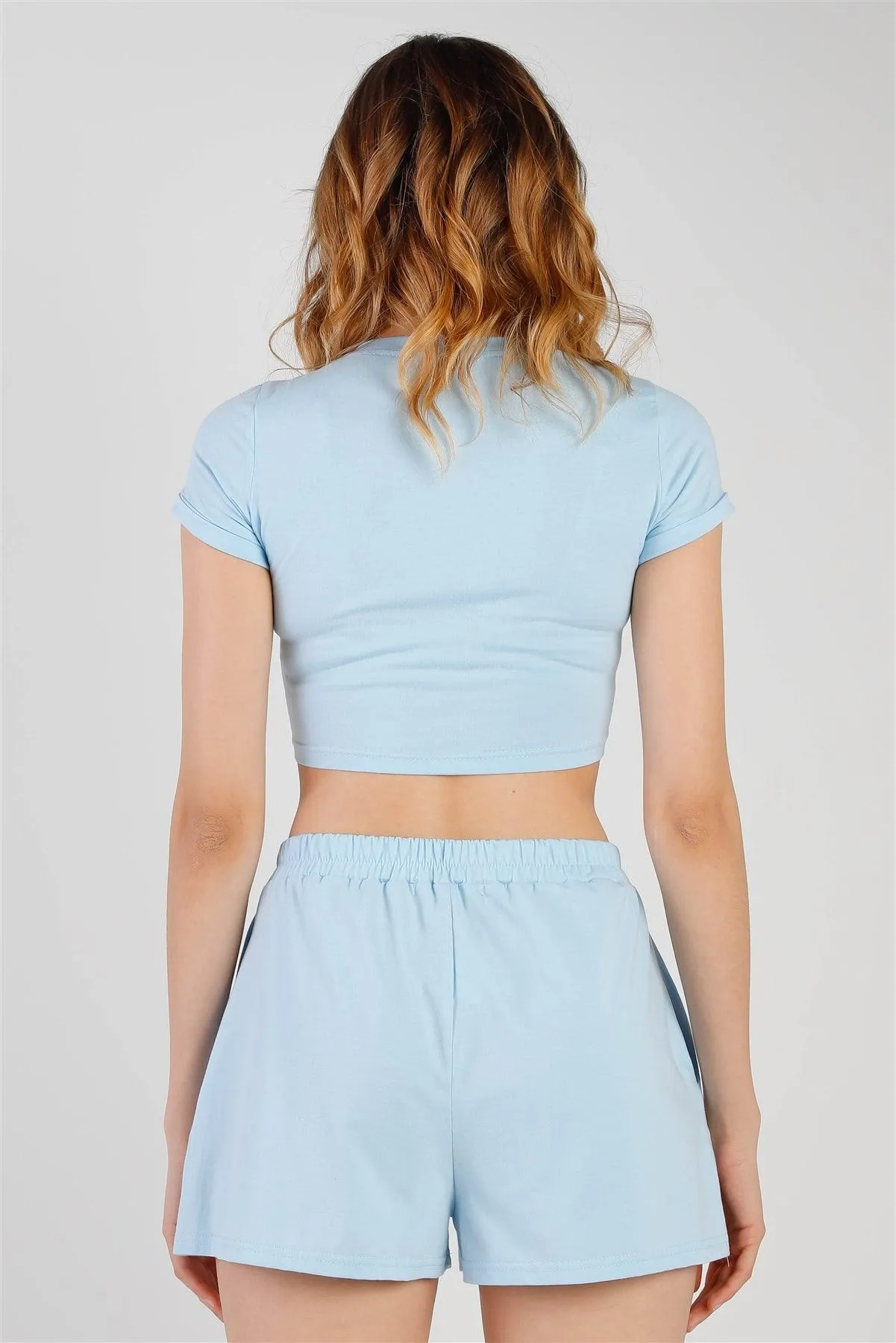 Blue Cut-Out Detail Self-Tie Hem Short Sleeve Crop Top & High Waist Short Set /2-2-2