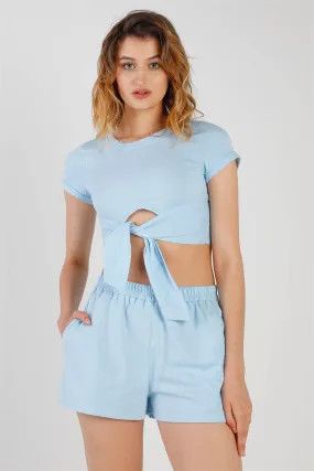 Blue Cut-Out Detail Self-Tie Hem Short Sleeve Crop Top & High Waist Short Set /2-2-2