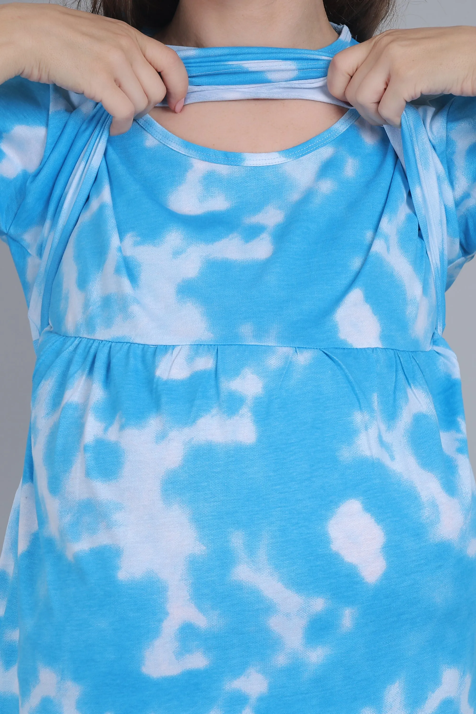 Blue Tie Dye Knitted Cotton Maternity Loungewear Dress