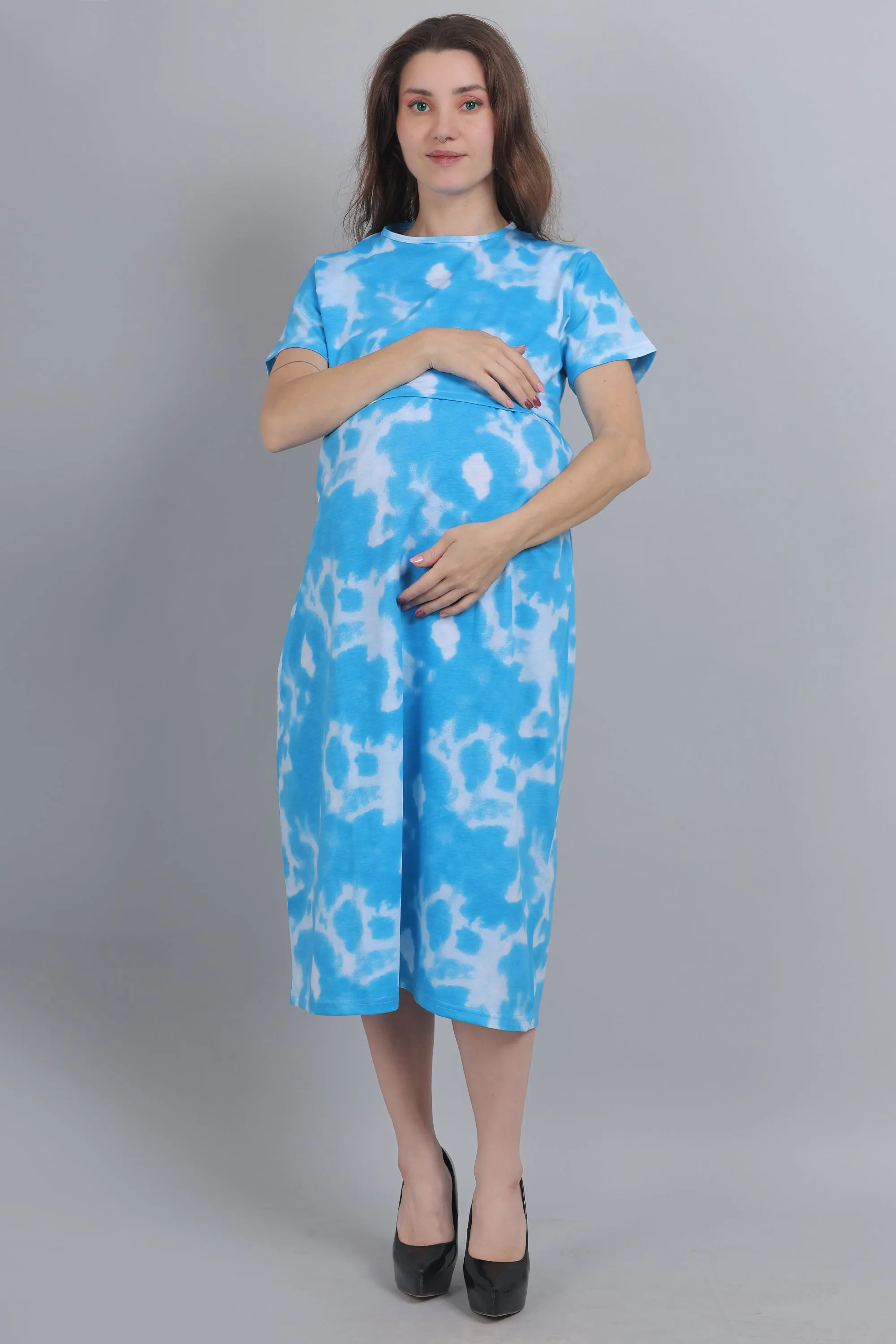 Blue Tie Dye Knitted Cotton Maternity Loungewear Dress