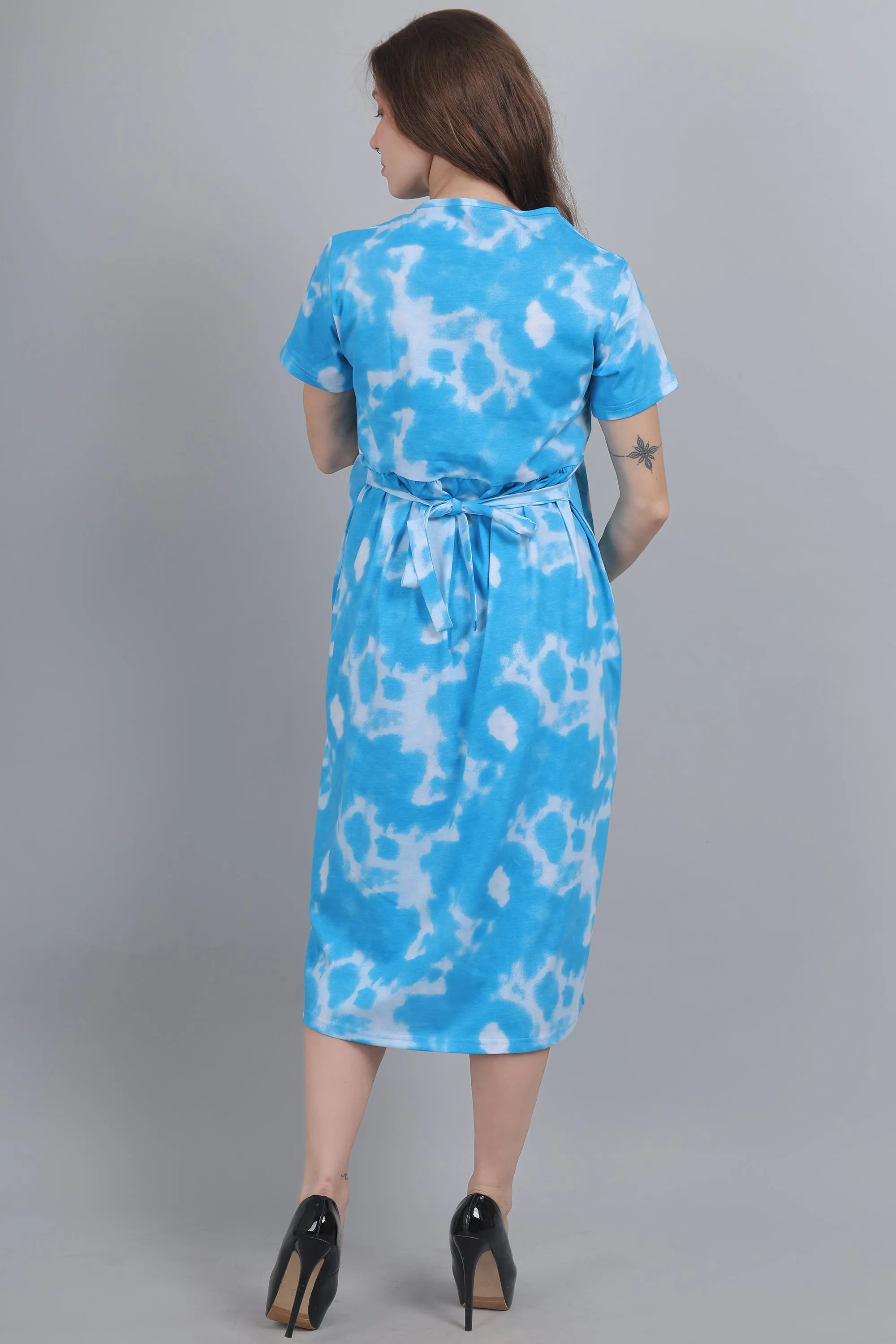 Blue Tie Dye Knitted Cotton Maternity Loungewear Dress