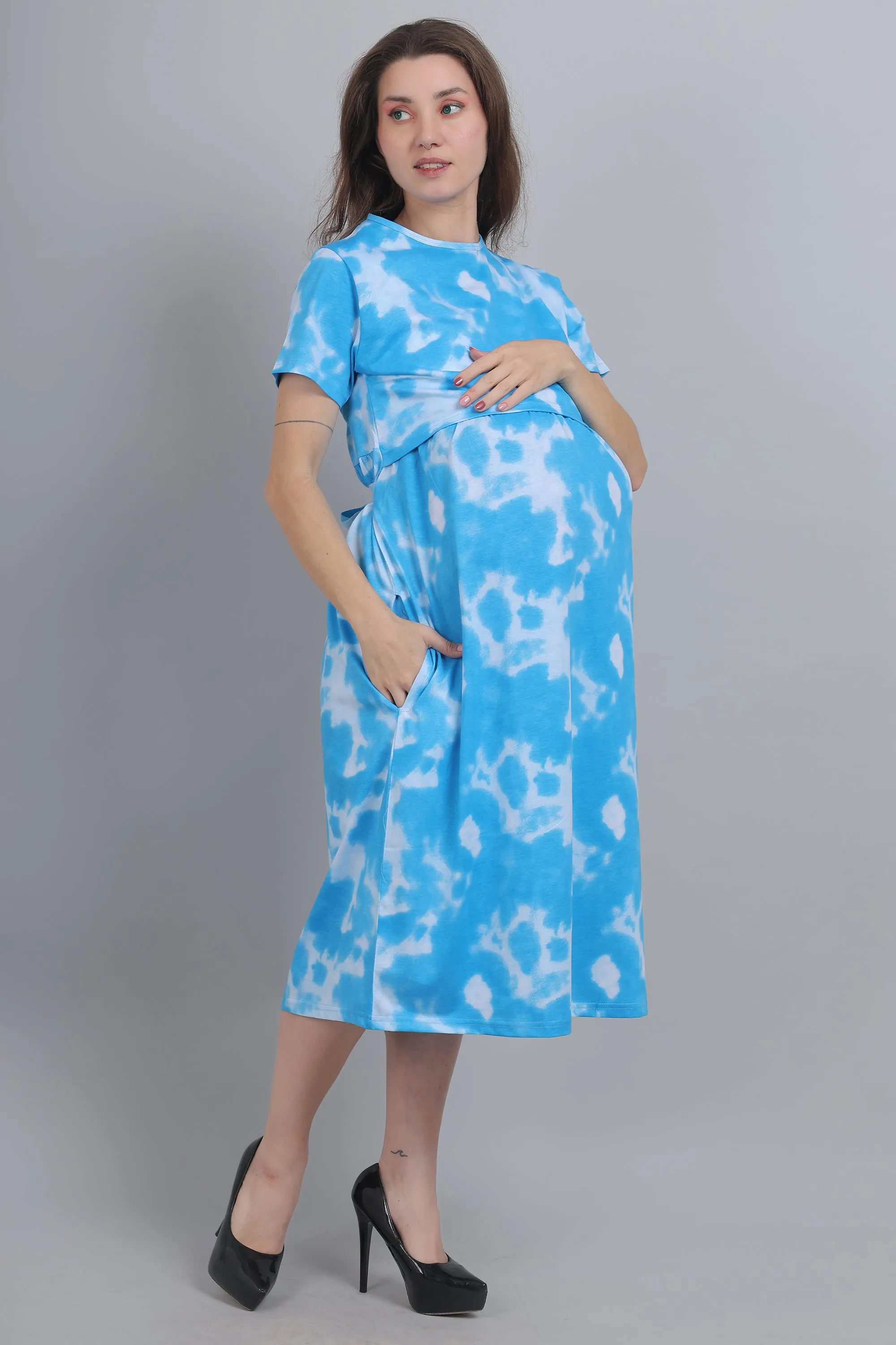 Blue Tie Dye Knitted Cotton Maternity Loungewear Dress