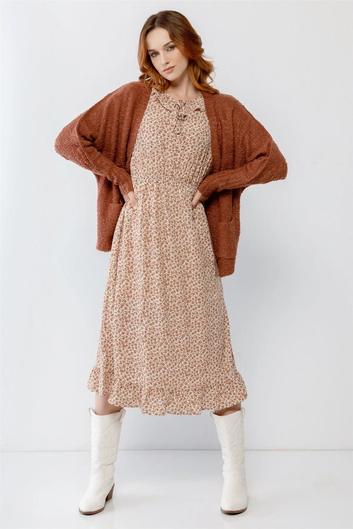 Brick Knit Textured Two Pocket Open Front Cardigan /2-2-2