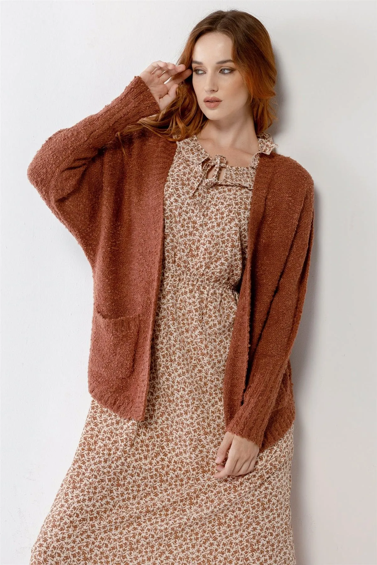 Brick Knit Textured Two Pocket Open Front Cardigan /2-2-2