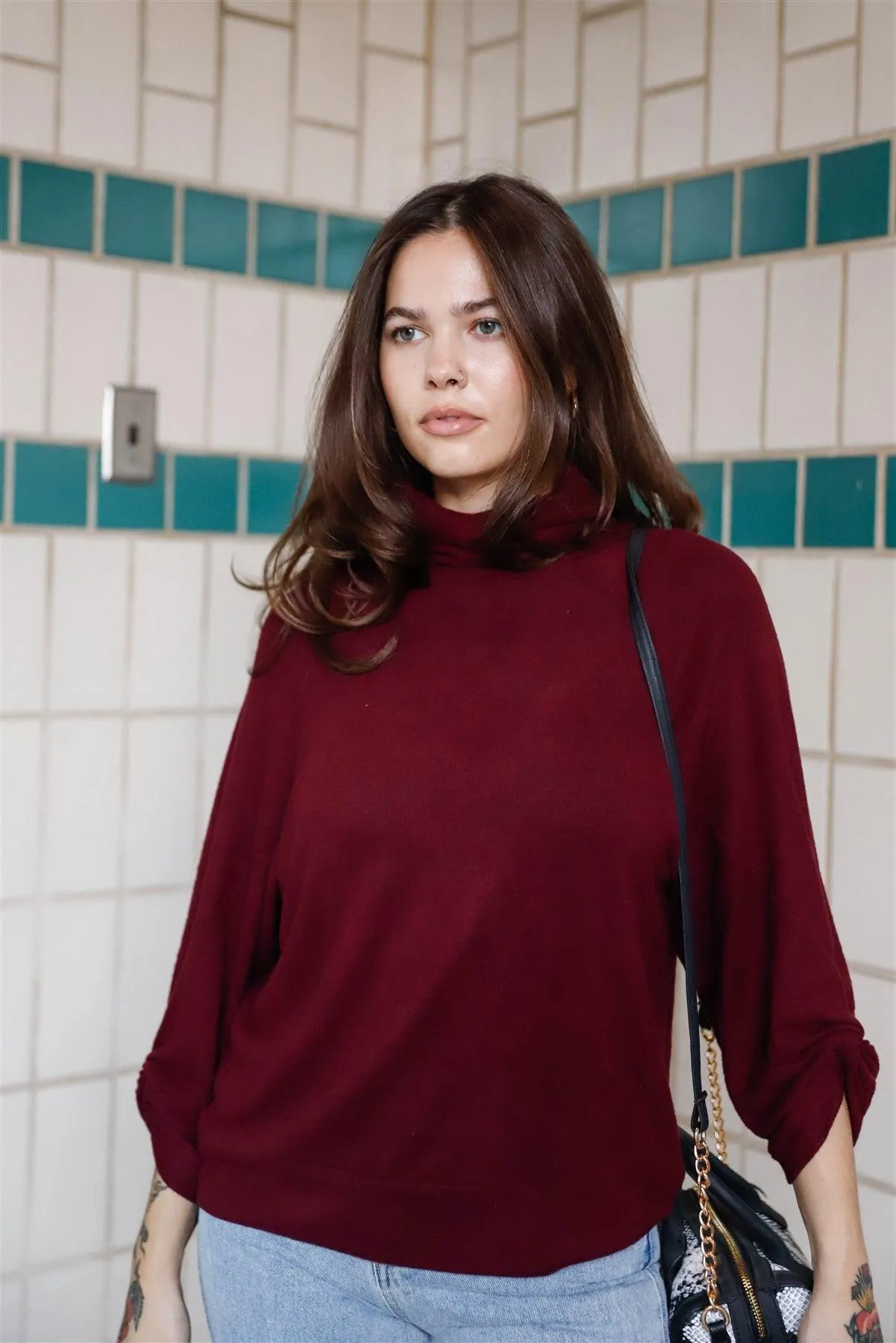 Burgundy Turtleneck 3/4 Twisted Sleeve Detail Top /1-3-2