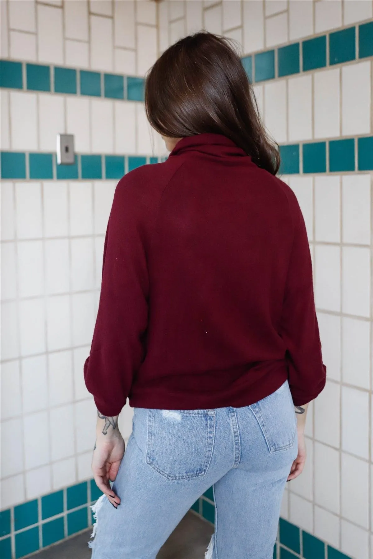 Burgundy Turtleneck 3/4 Twisted Sleeve Detail Top /1-3-2