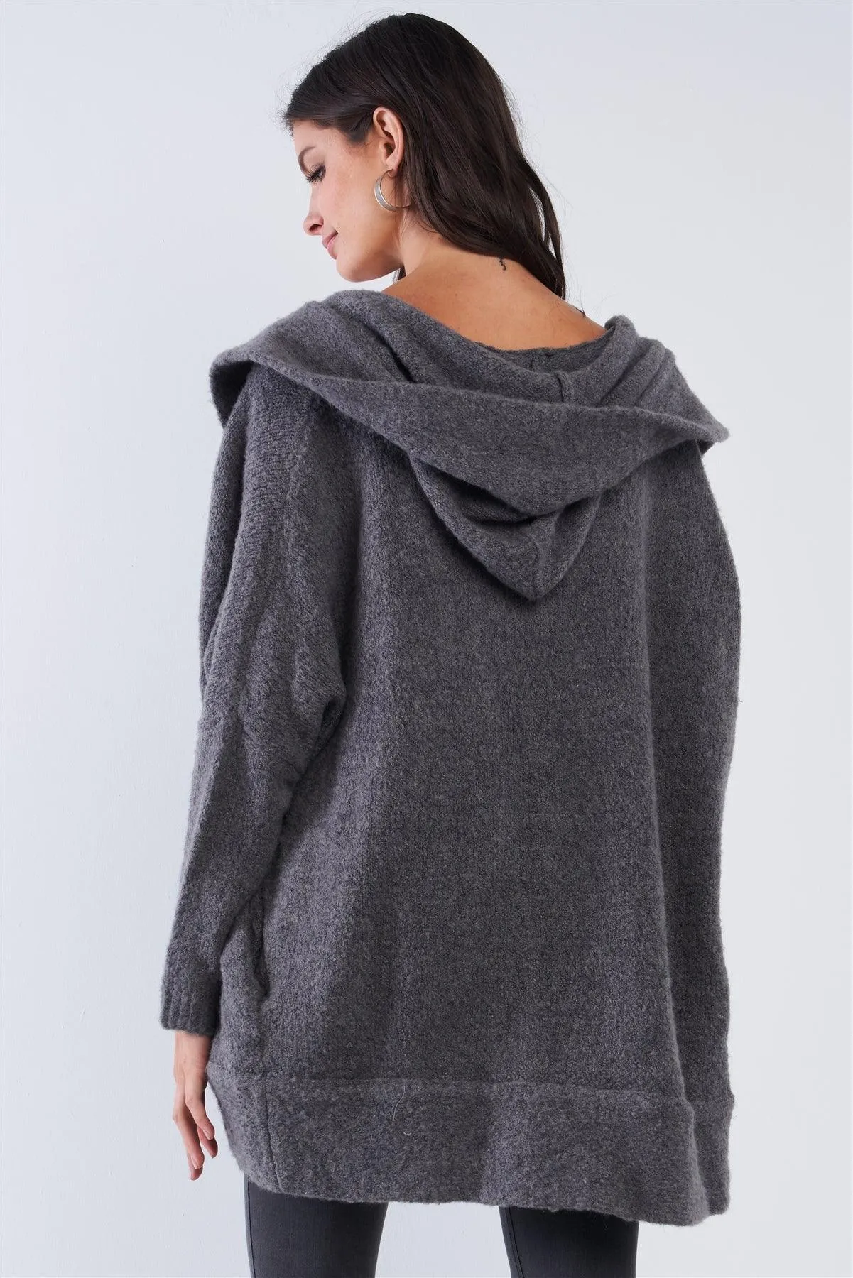 Charcoal Cuddly Hooded Long Sleeve Cardigan Sweater /3-3