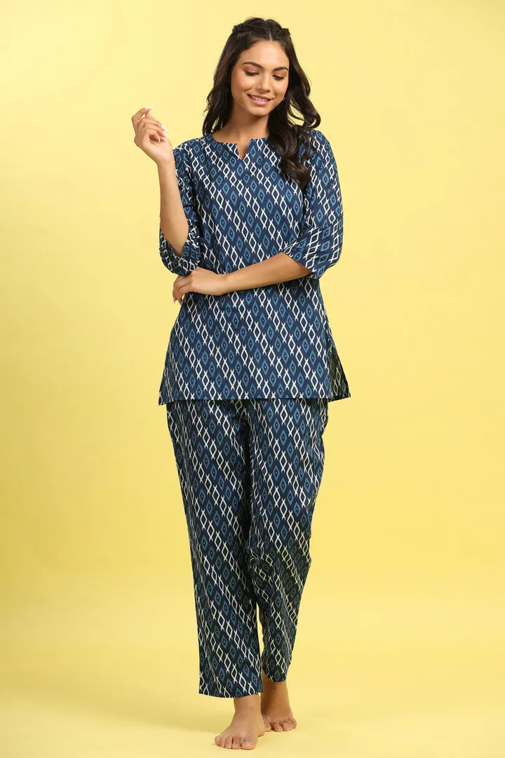 Checkered on Blue Cotton Loungewear Top Set