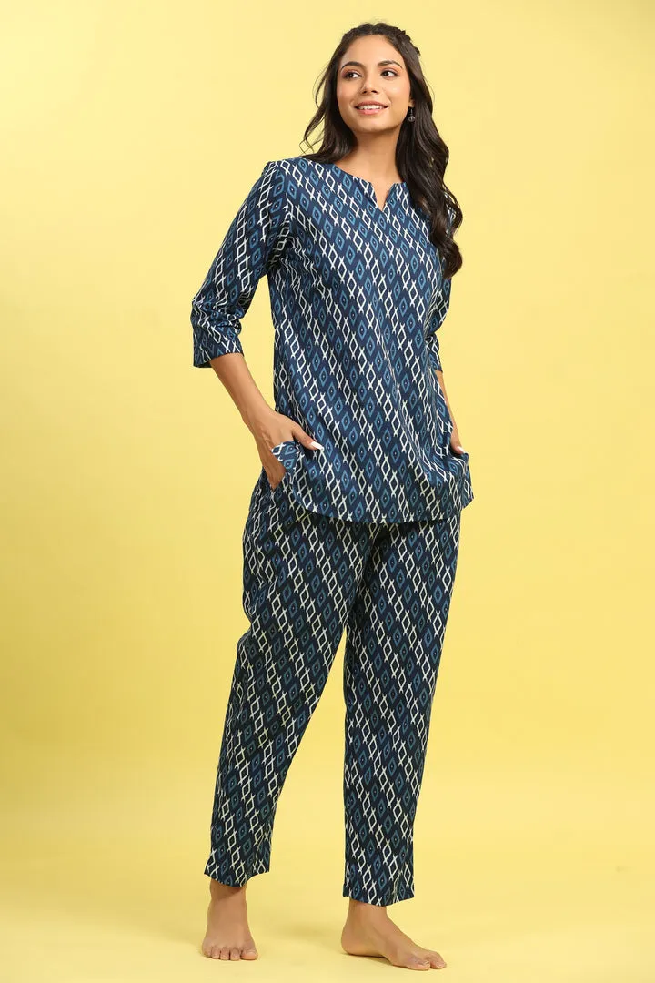 Checkered on Blue Cotton Loungewear Top Set