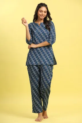 Checkered on Blue Cotton Loungewear Top Set