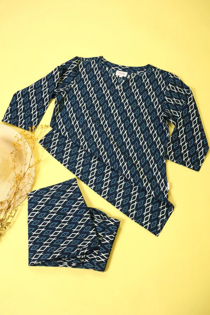 Checkered on Blue Cotton Loungewear Top Set