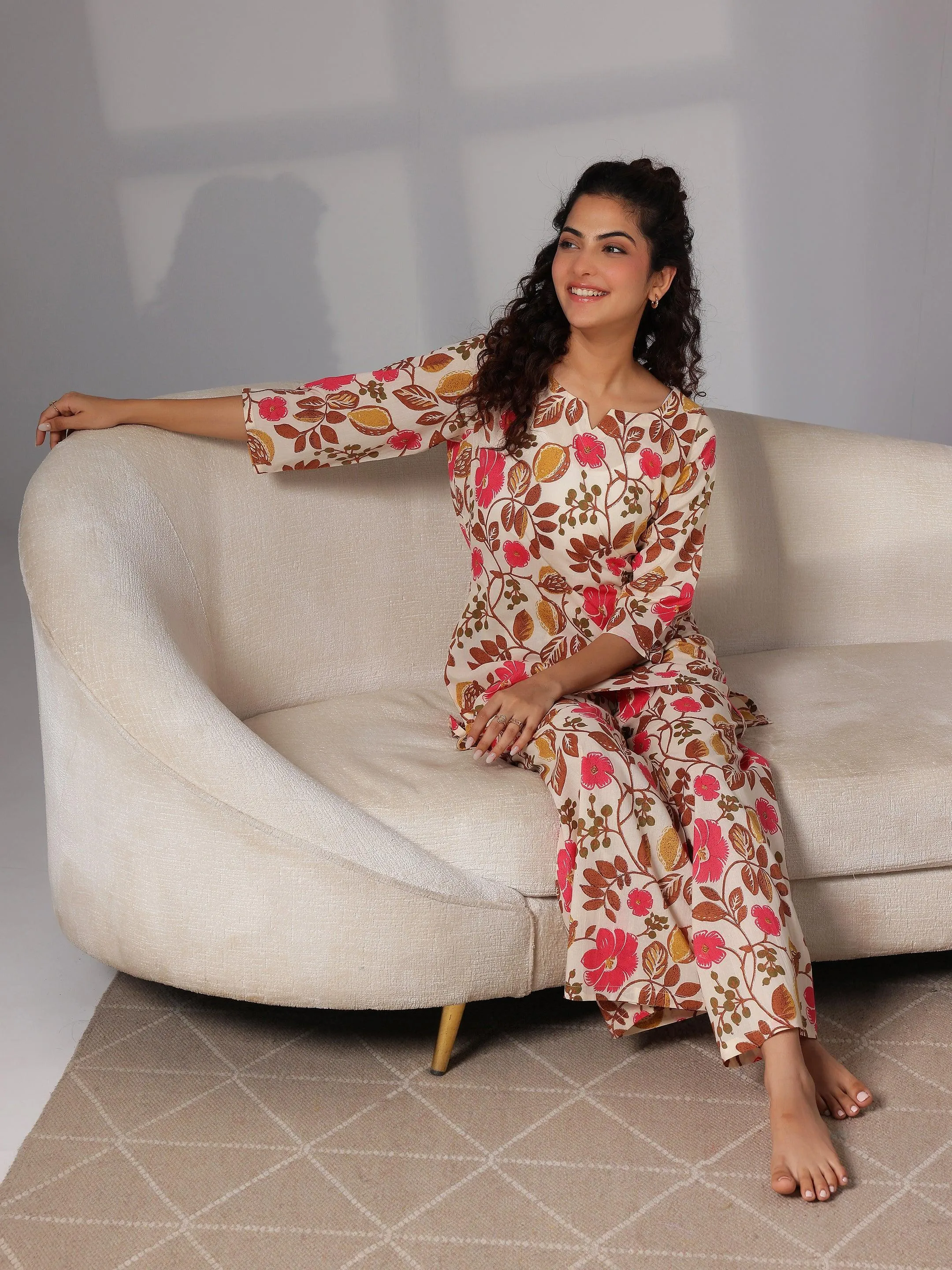 Cream Printed Cotton Night Suits