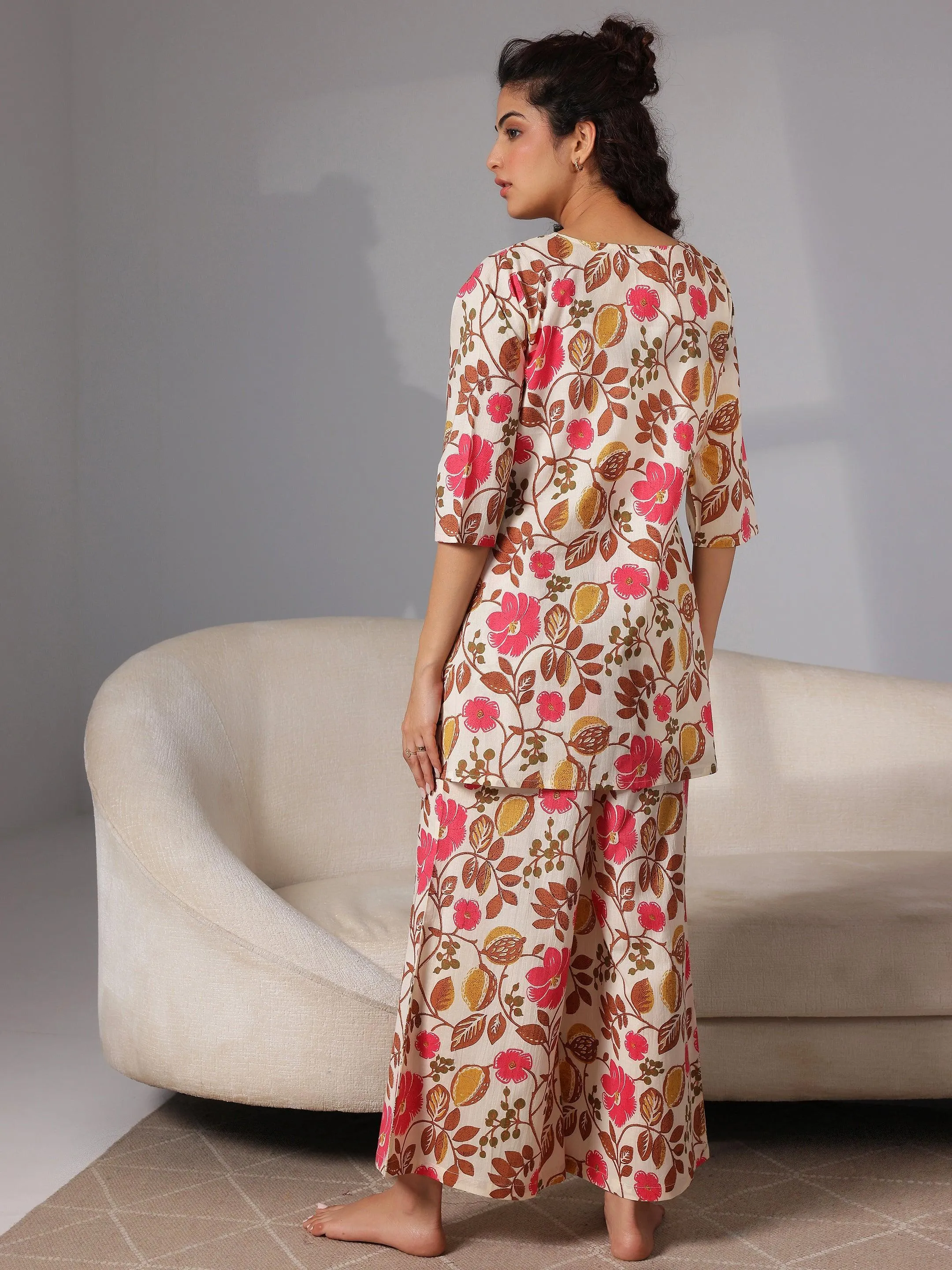 Cream Printed Cotton Night Suits