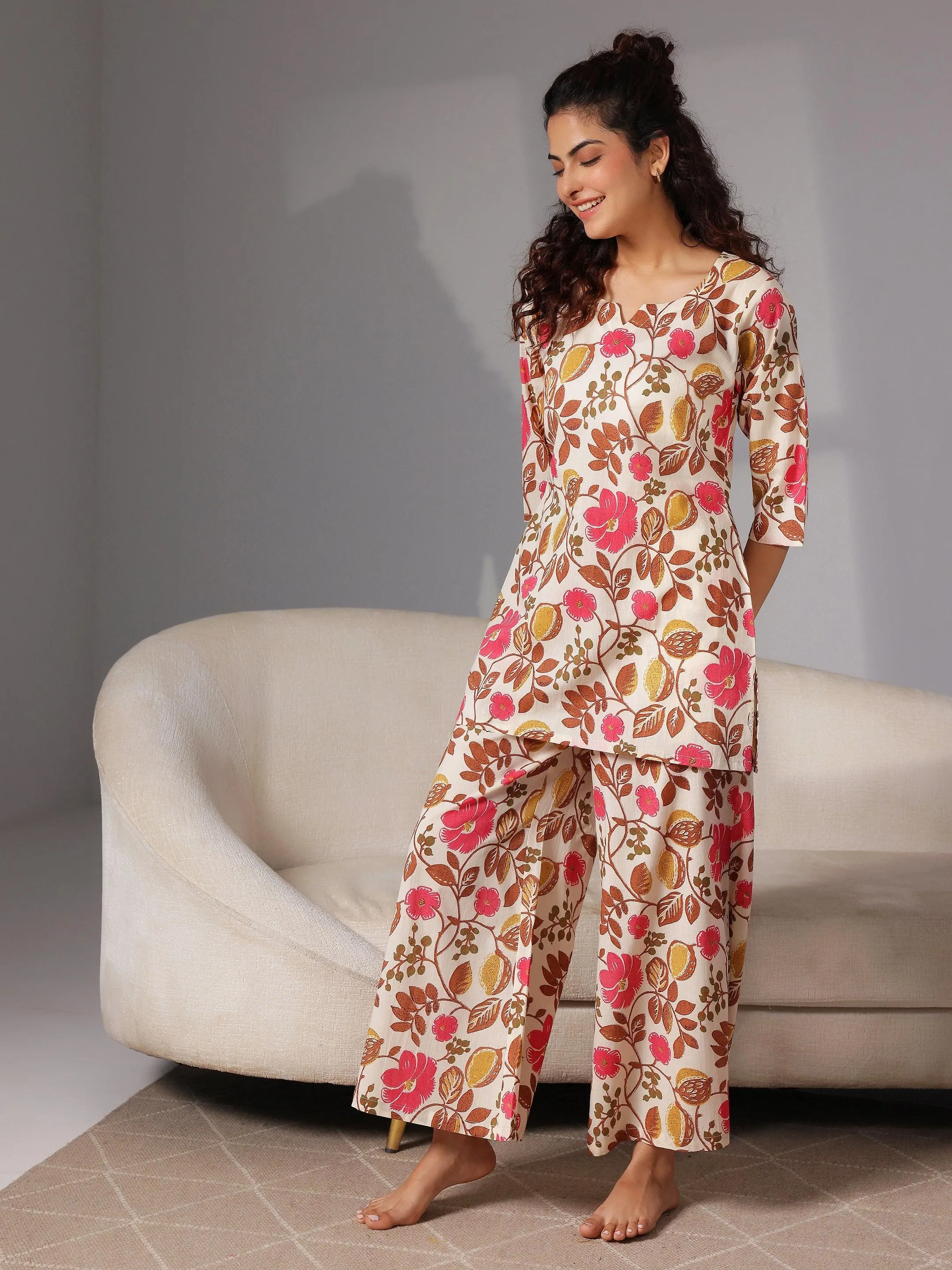 Cream Printed Cotton Night Suits