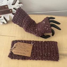 Dark Purple Speckled Tweed Texting Fingerless Gloves Crochet Knit Fall Winter Hiking Walking Wrist Warmers Outdoor Camping Gaming Handmade Fashion Gift Women Accessory