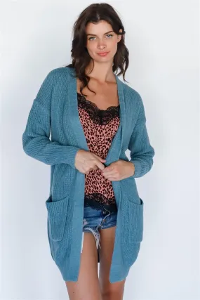 Emerald Blue Knit Open Front Two Pocket Cardigan /2-2-2