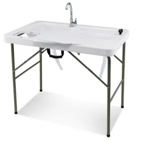 Fish Cleaning Table with 2 Sinks and 360° Rotatable Fauce-White