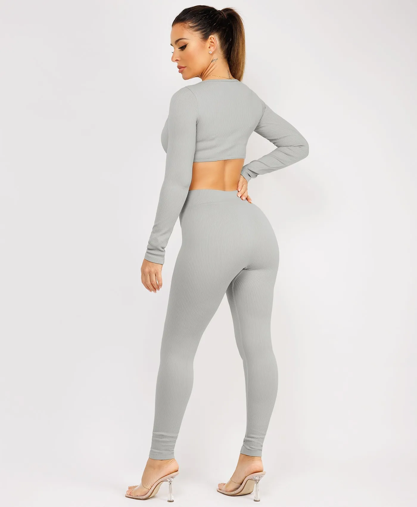 Grey Ribbed Asymmetric Hem Loungewear Set