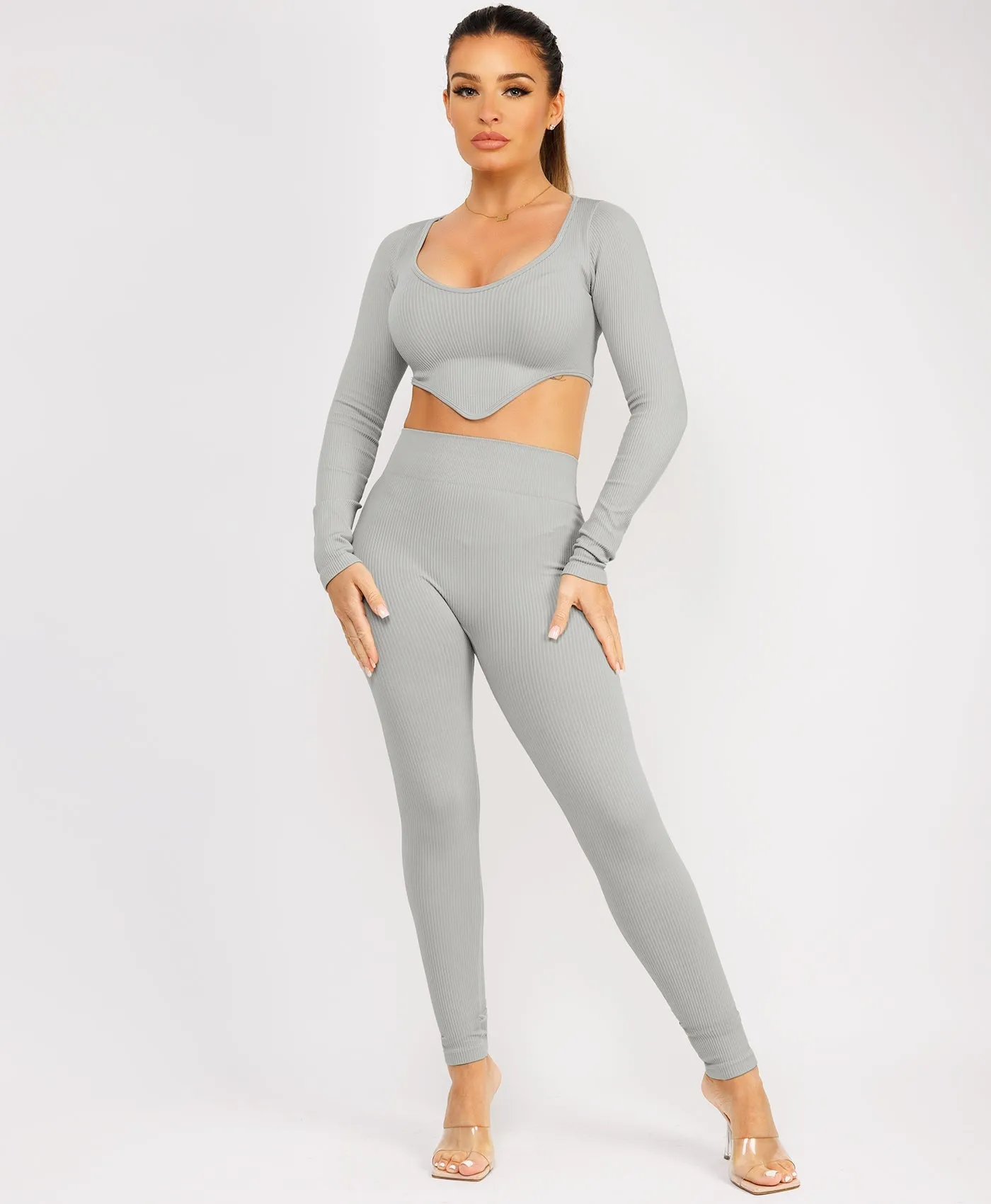 Grey Ribbed Asymmetric Hem Loungewear Set