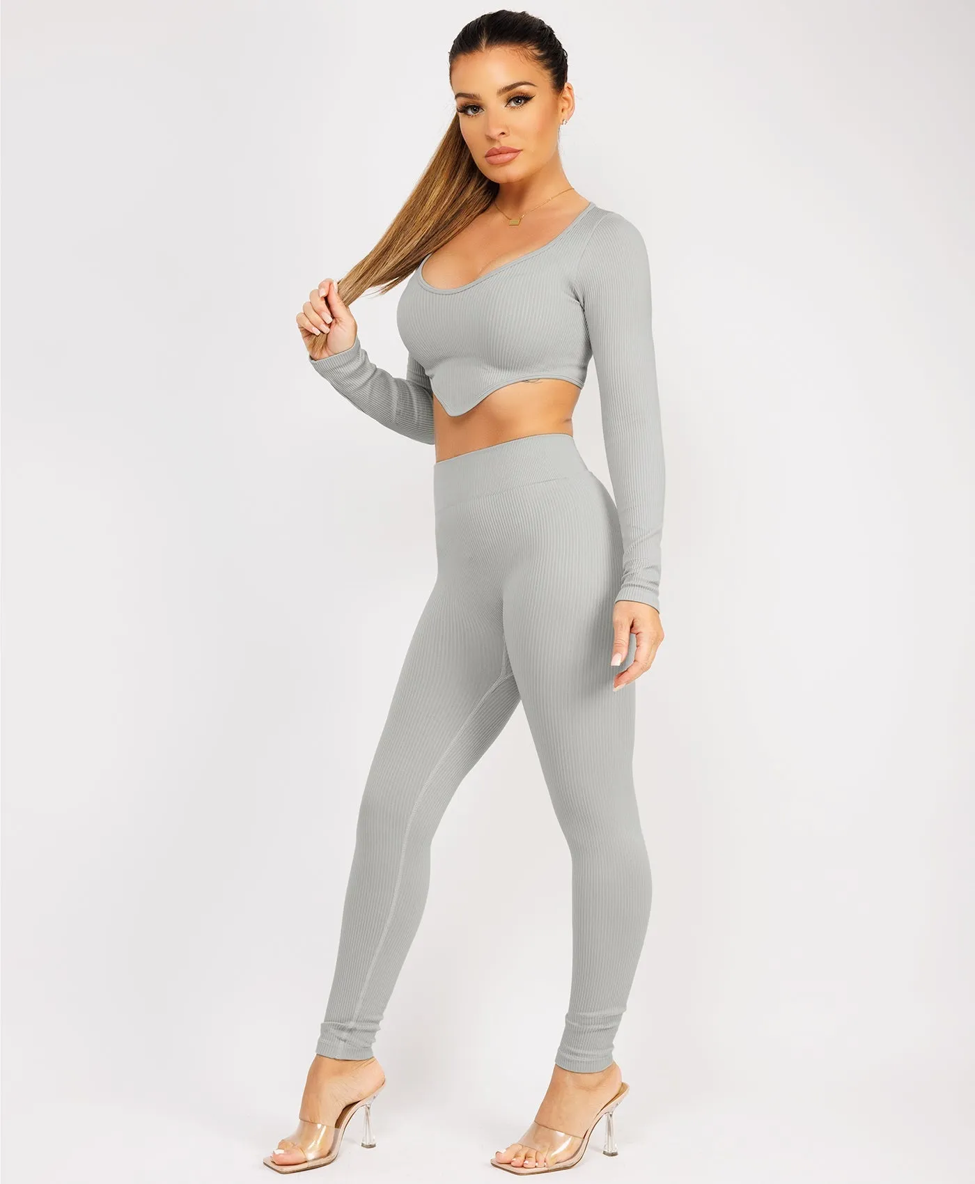 Grey Ribbed Asymmetric Hem Loungewear Set