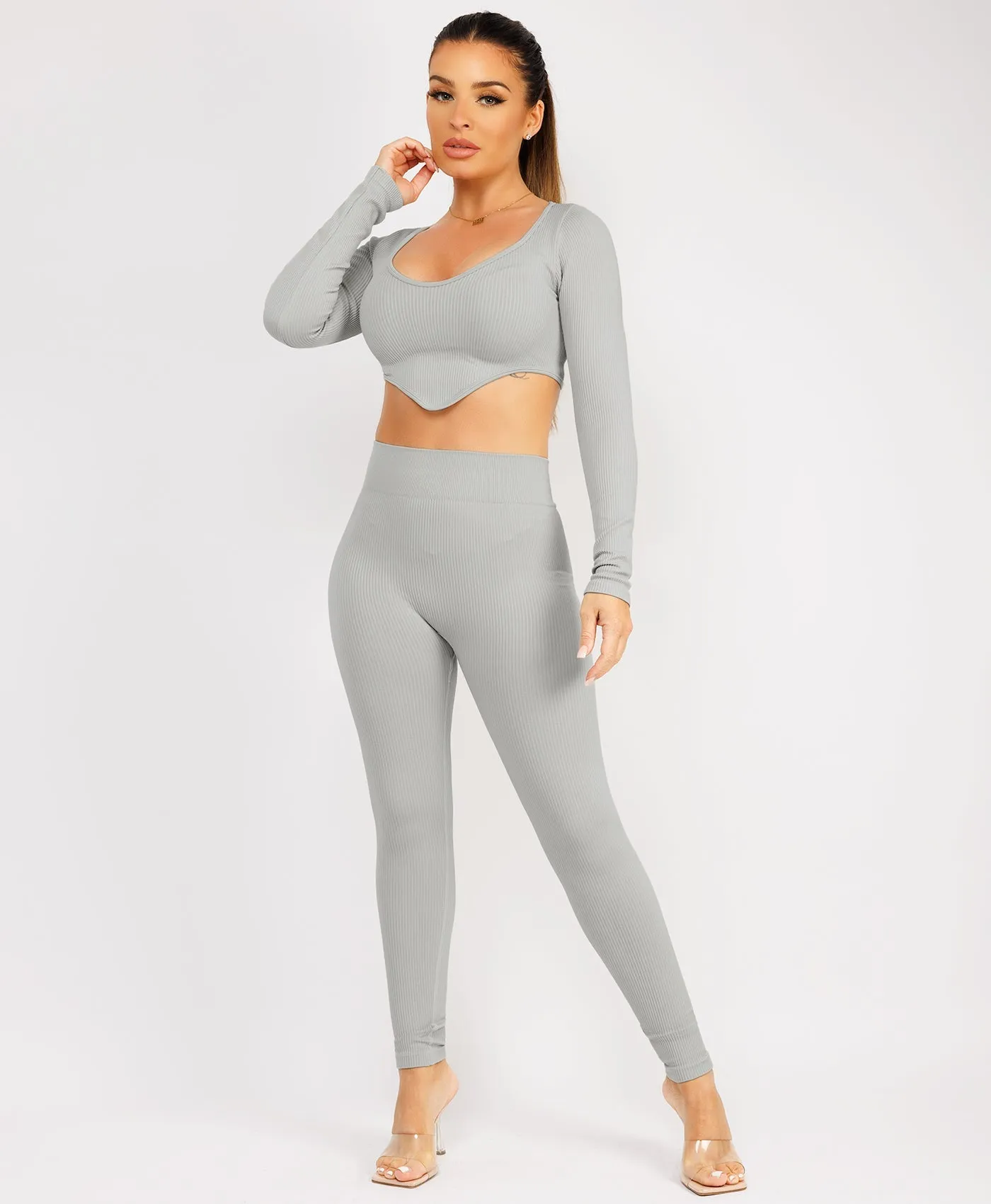 Grey Ribbed Asymmetric Hem Loungewear Set