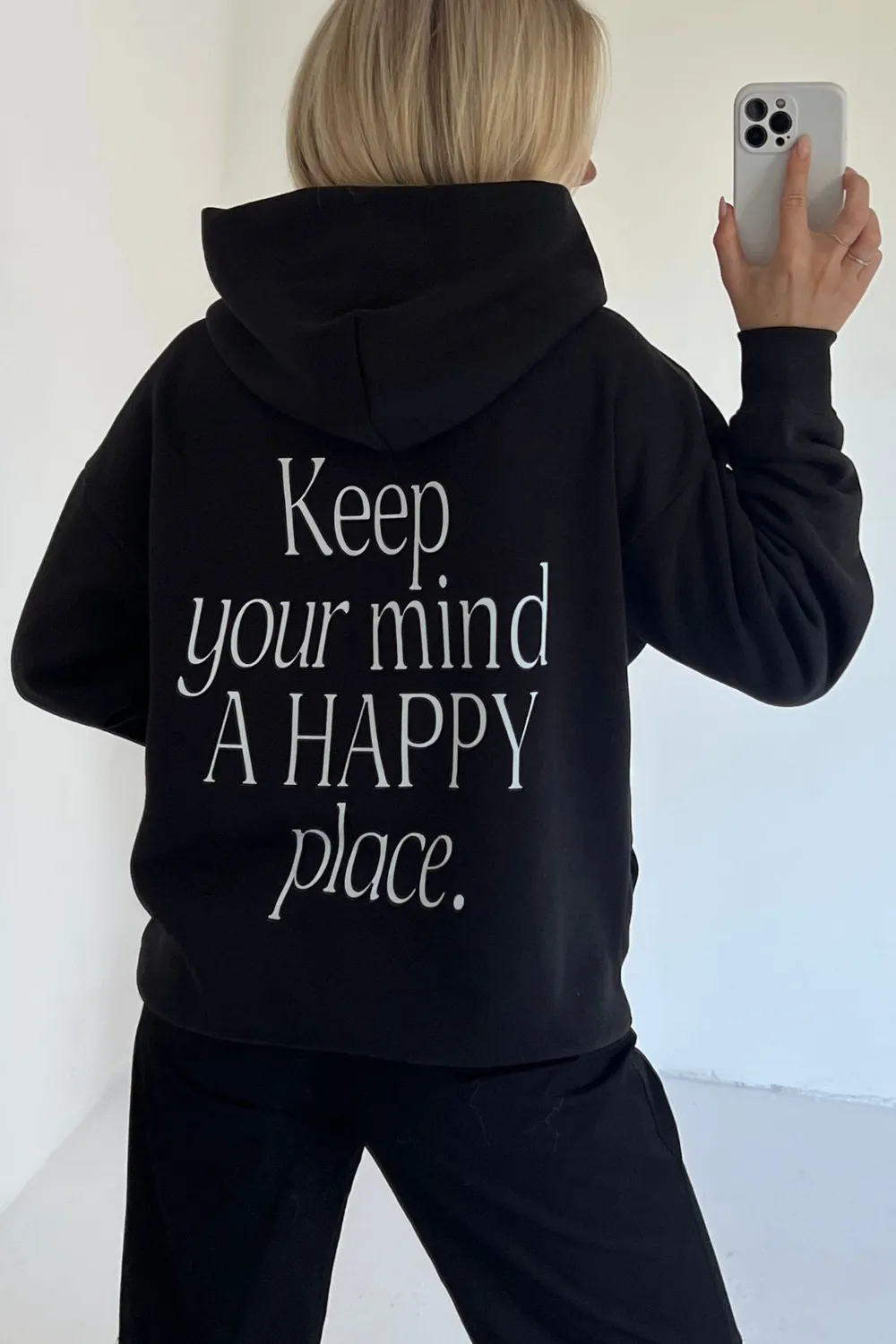 Happy place black printed  relaxed hoodie