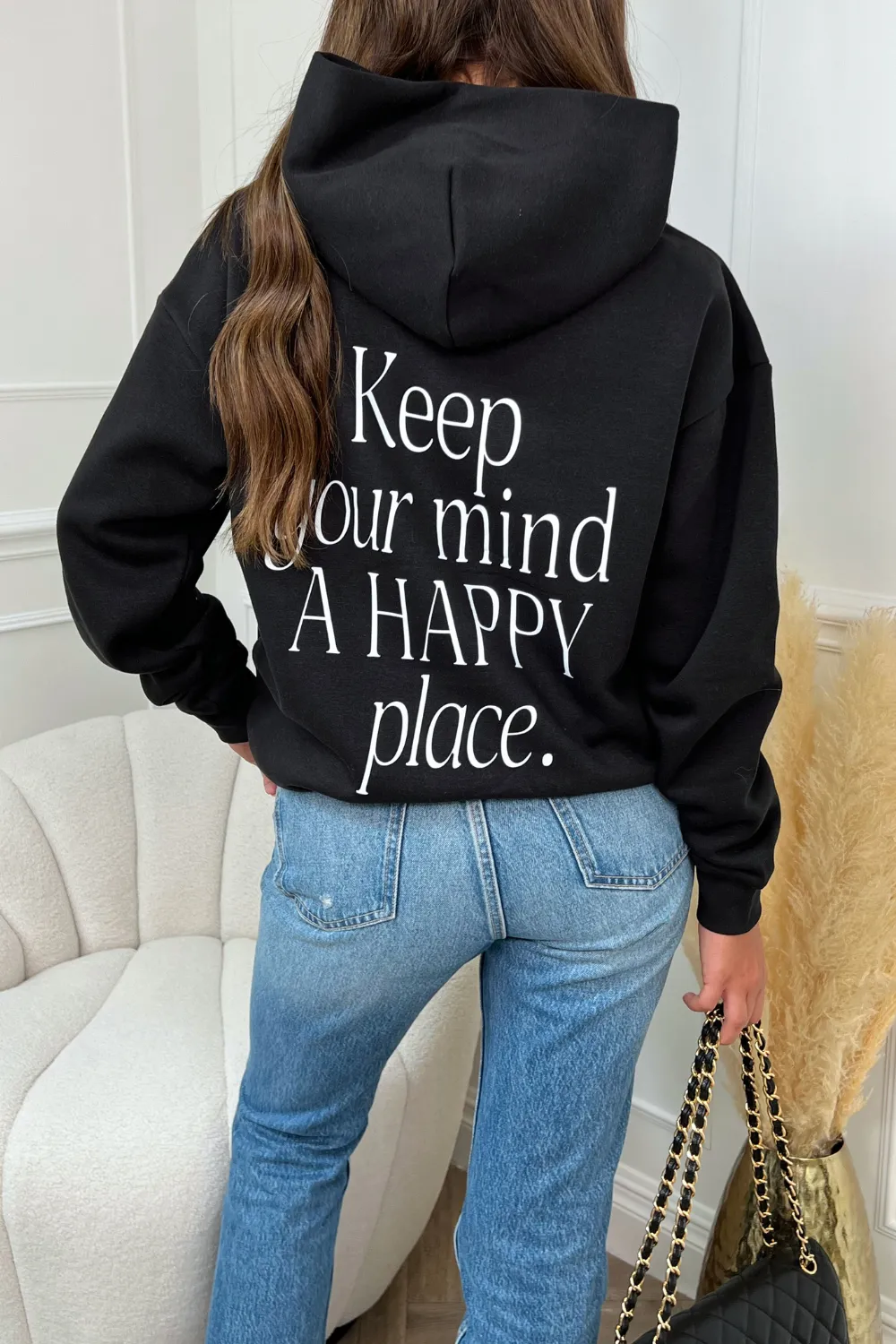 Happy place black printed  relaxed hoodie