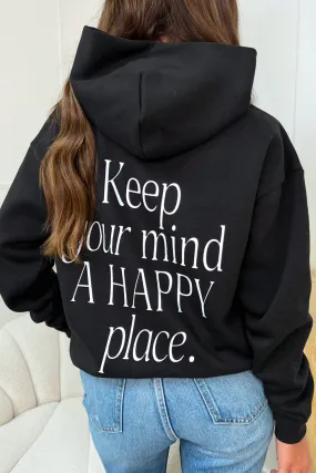 Happy place black printed  relaxed hoodie