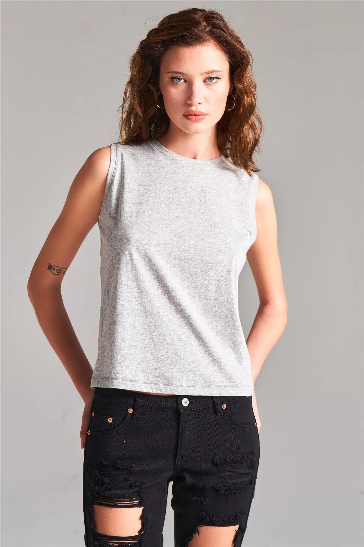 Heather Grey Solid Sleeveless Round Neck Basic Tank Top /1-2-2-1