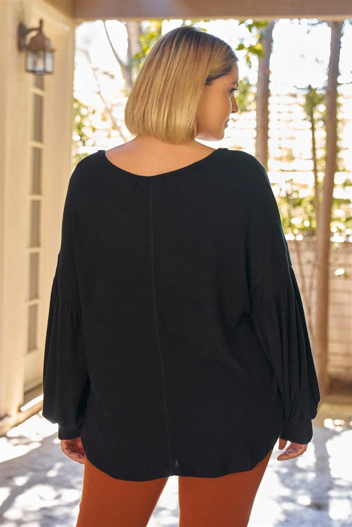 Junior Plus Black Super Soft Long Balloon Sleeve Soft V-Neck Front Pocket Loose Fit Top /3-2-1