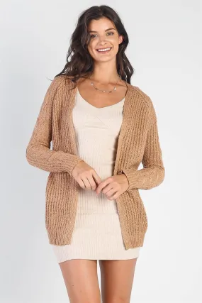 Khaki Open Front Cable-Knit Long Sleeve Cardigan /2-2-2