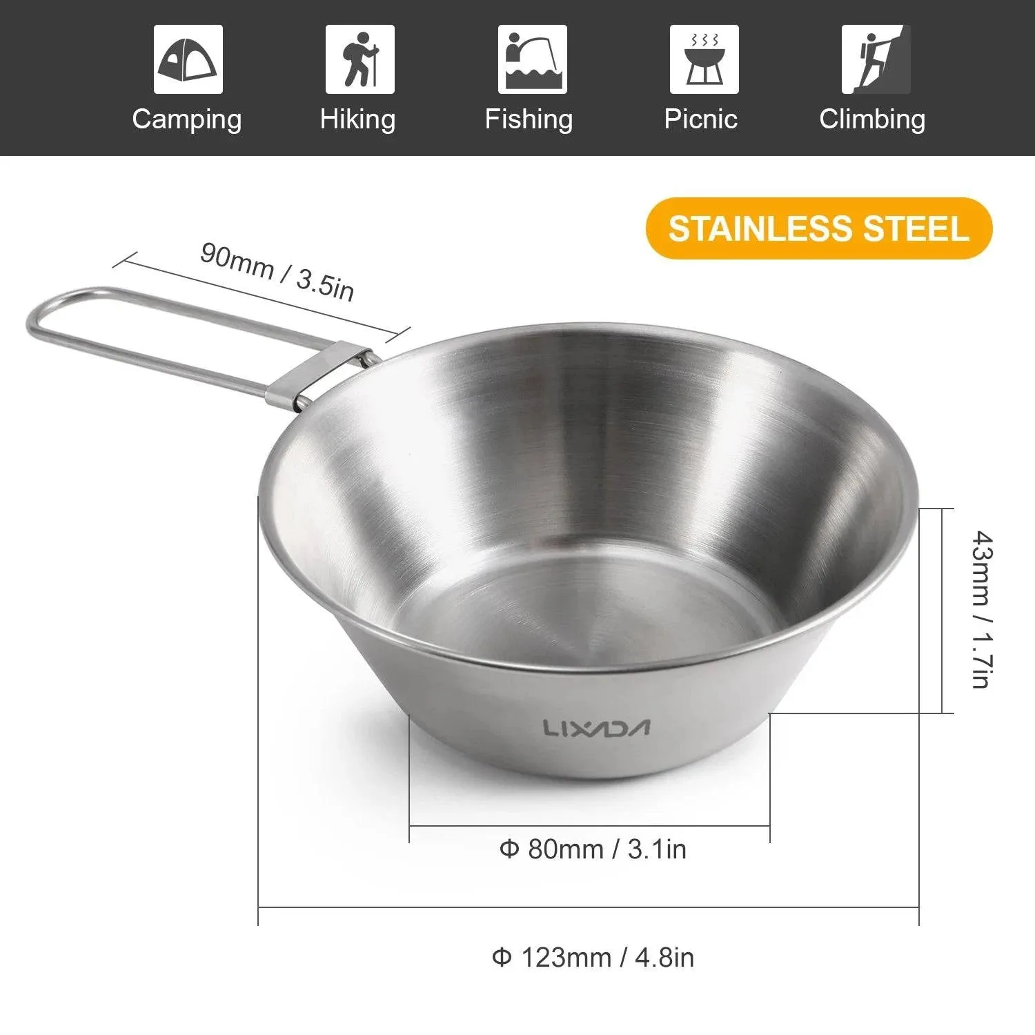 Lixada 260ml Titanium Bowl Stainless Steel Bowl with Foldable Handle for Outdoor Camping Hiking Backpacking Picnic