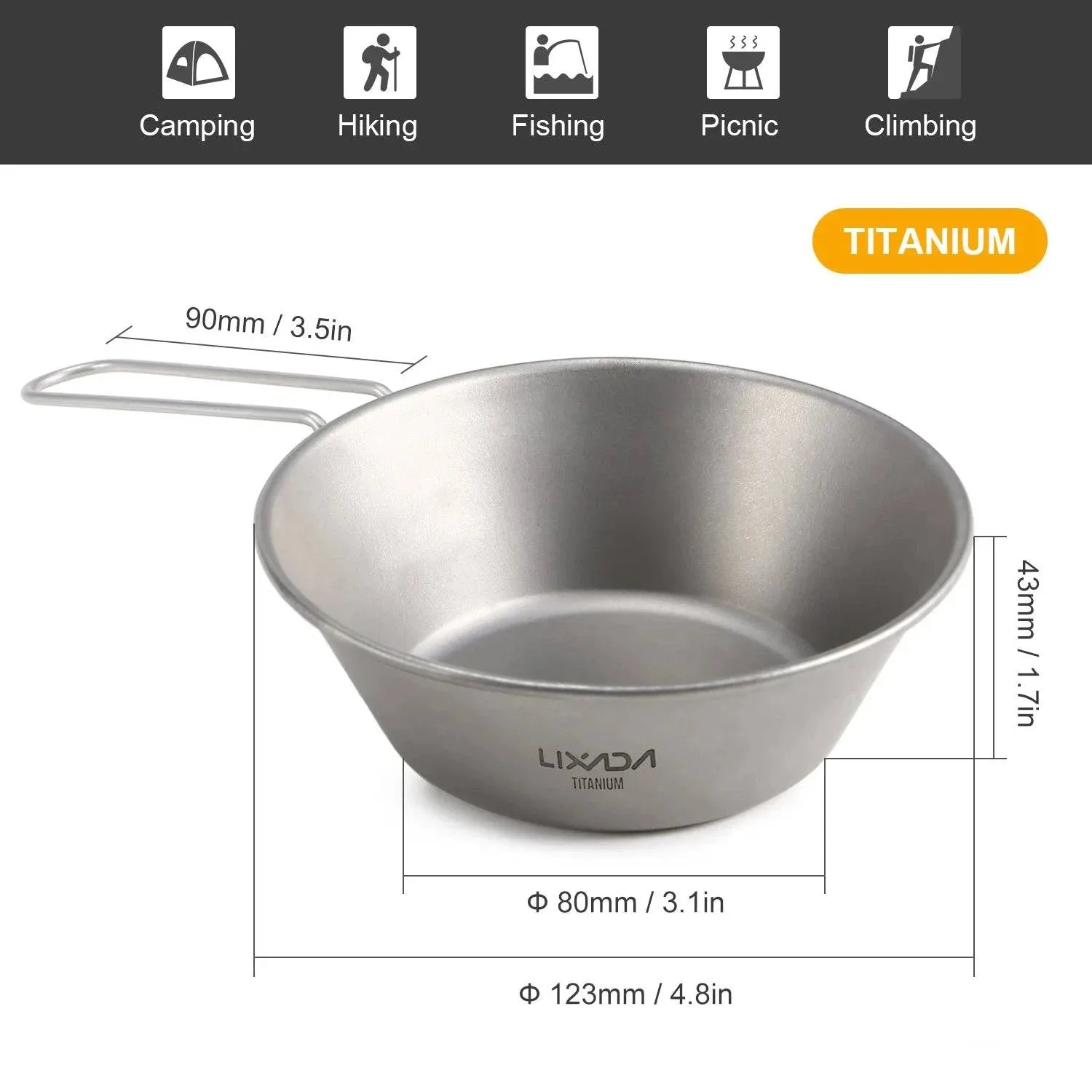 Lixada 260ml Titanium Bowl Stainless Steel Bowl with Foldable Handle for Outdoor Camping Hiking Backpacking Picnic