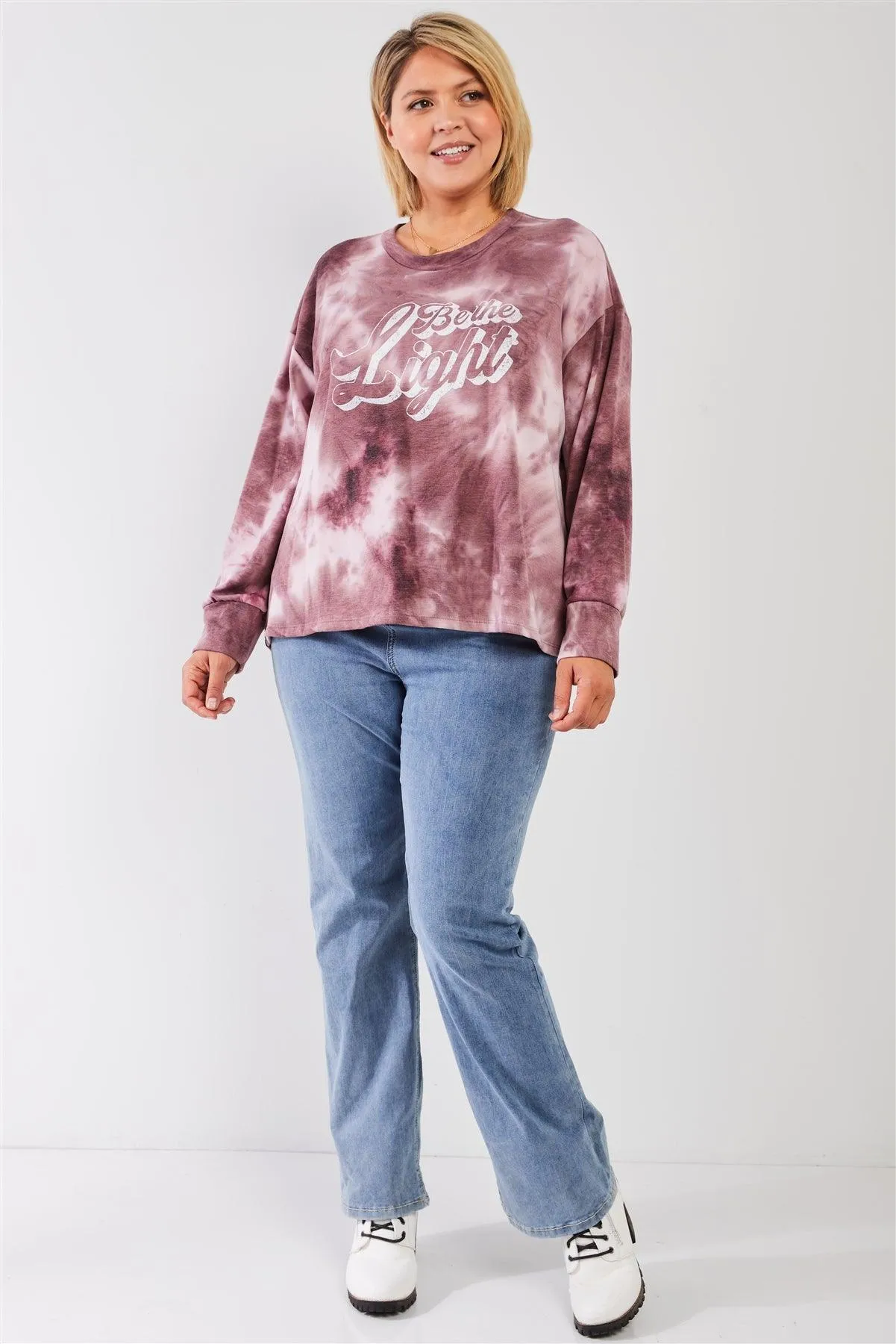 Mauve & Purple Tie-Dye Bleach Effect Graphic Print Detail Long Sleeve Sweatshirt /3-2-1