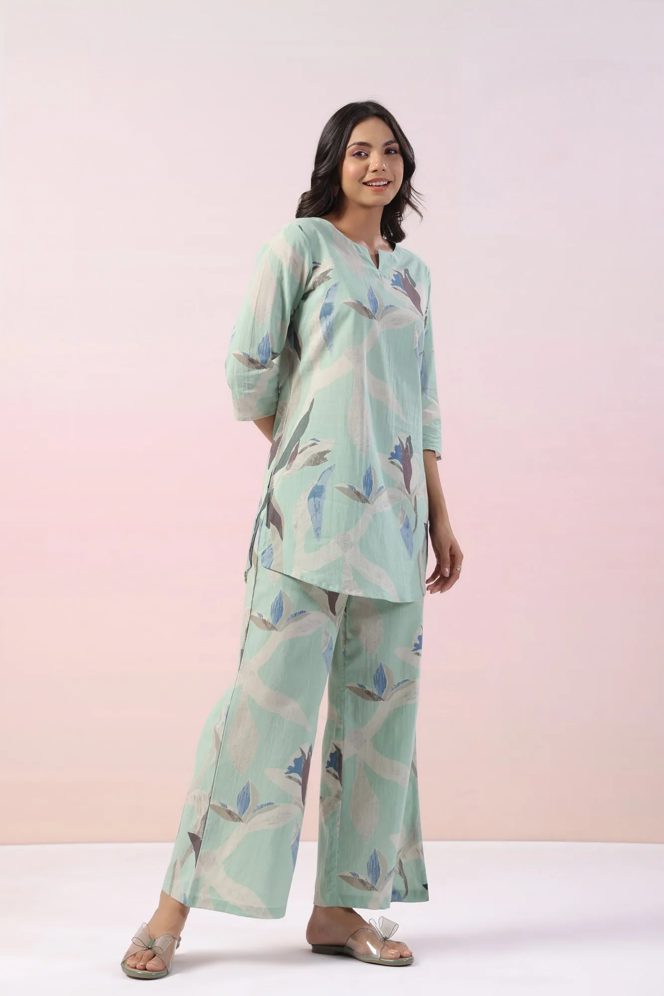 Mint Floral Cotton Palazzo Loungewear Set