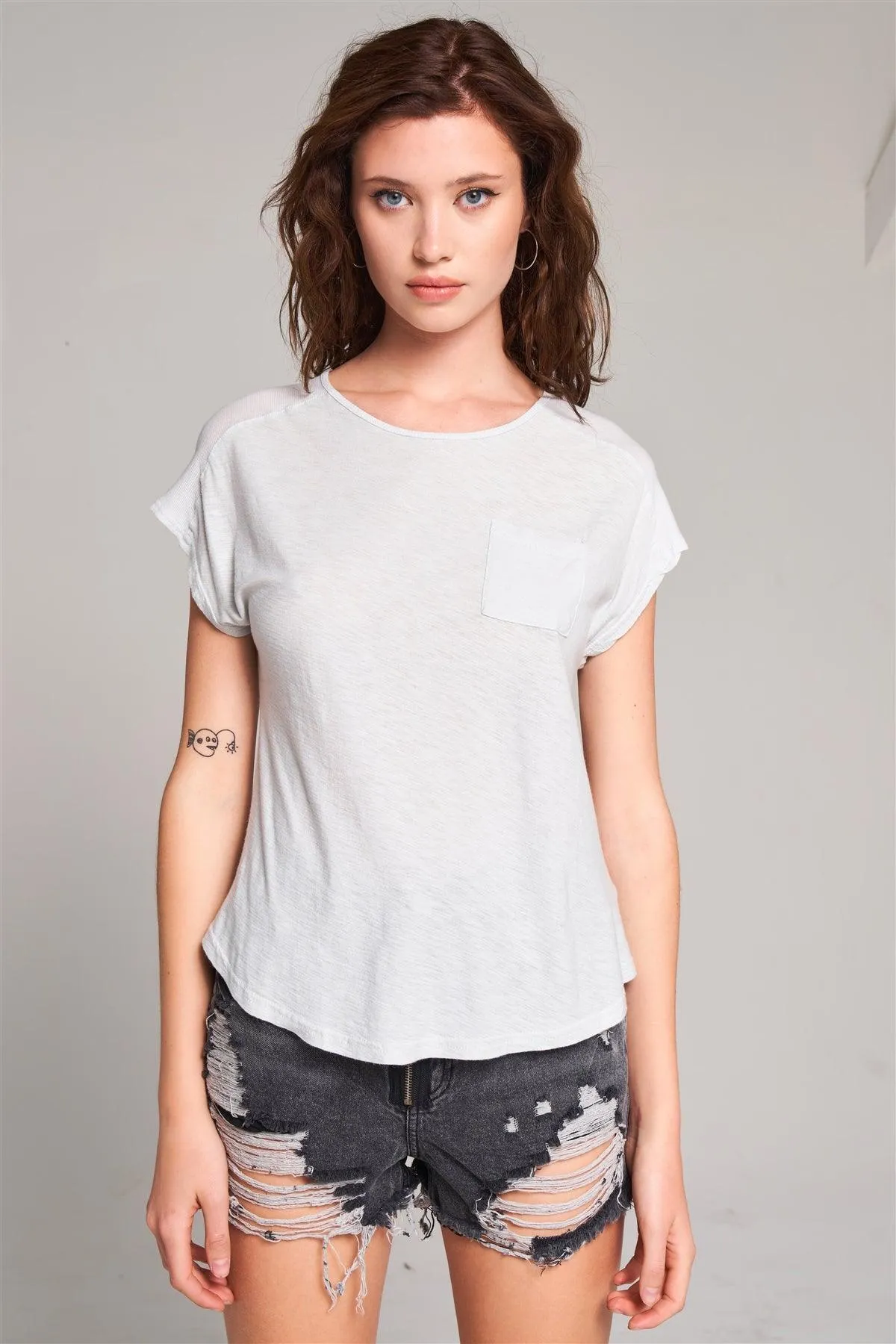 Moonshine Grey Ribbed Shoulder Round Neck Chest Pocket Detail Relaxed Tee