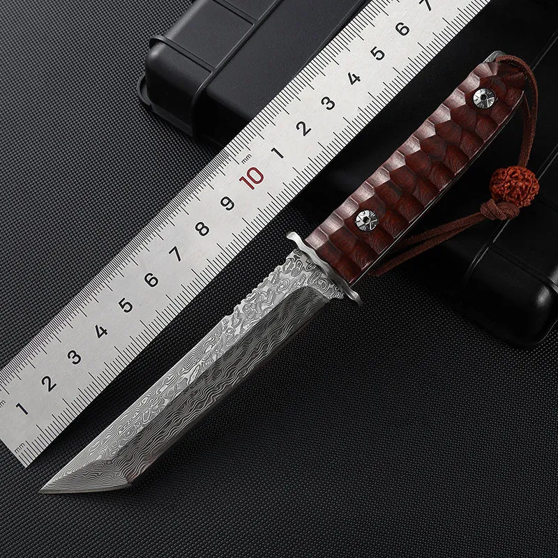 New Damascus Sandalwood Handle Fixed Straight Knife Outdoor Hunting Camping Utility Pocket Edc Knives Tools