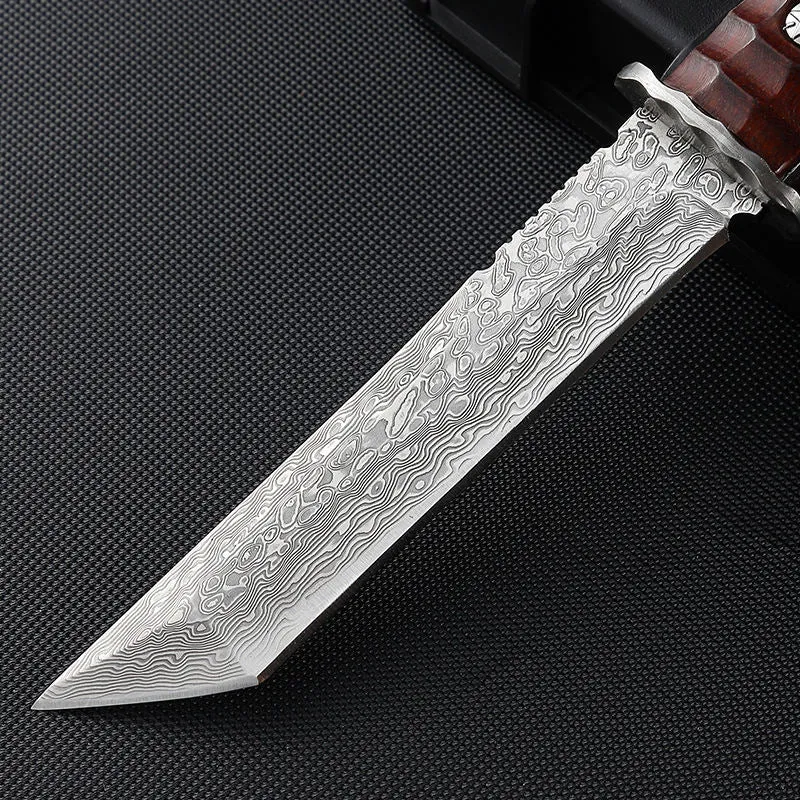 New Damascus Sandalwood Handle Fixed Straight Knife Outdoor Hunting Camping Utility Pocket Edc Knives Tools