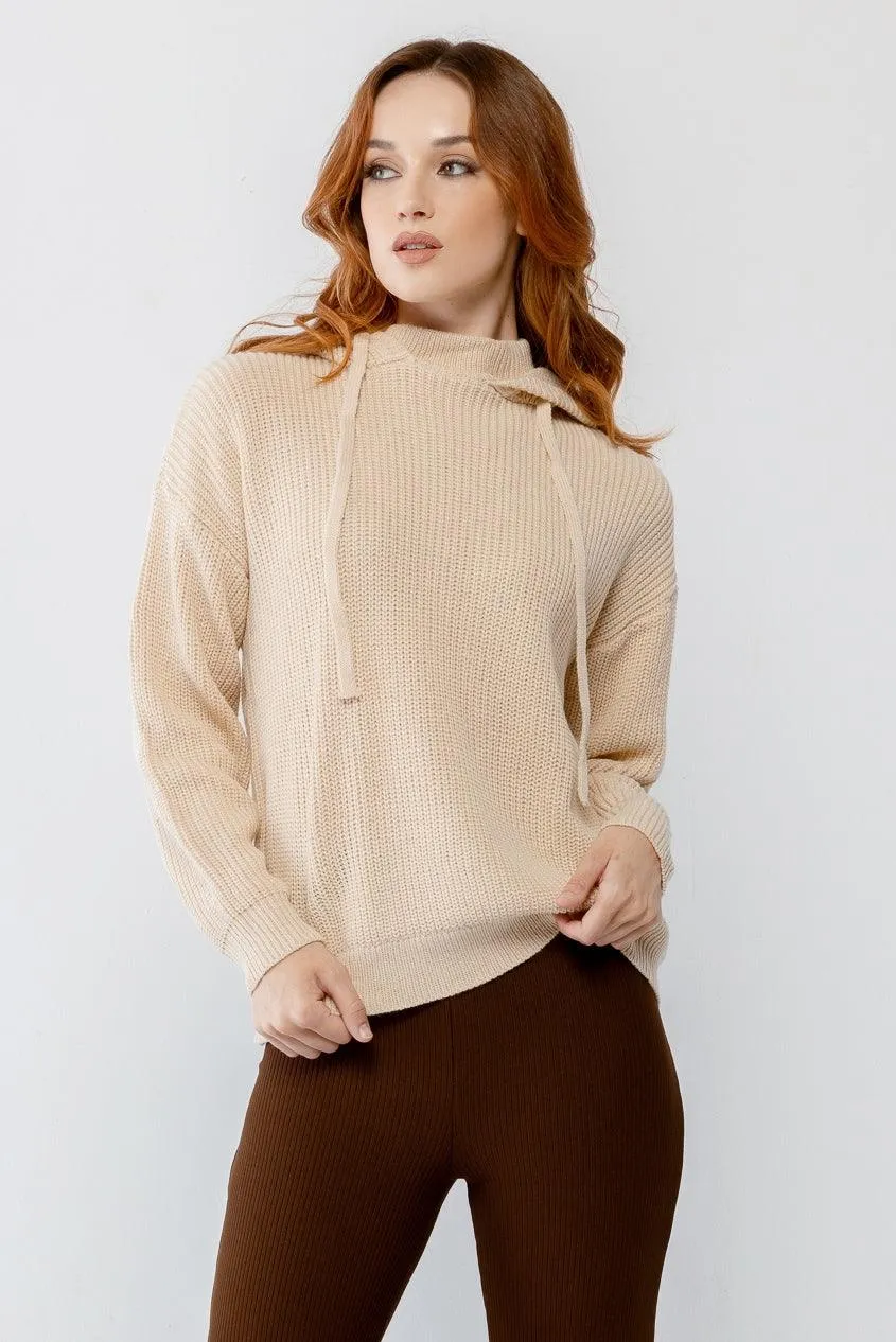 Oatmeal Knit Hooded Long Sleeve Relaxed Sweater /2-2-2