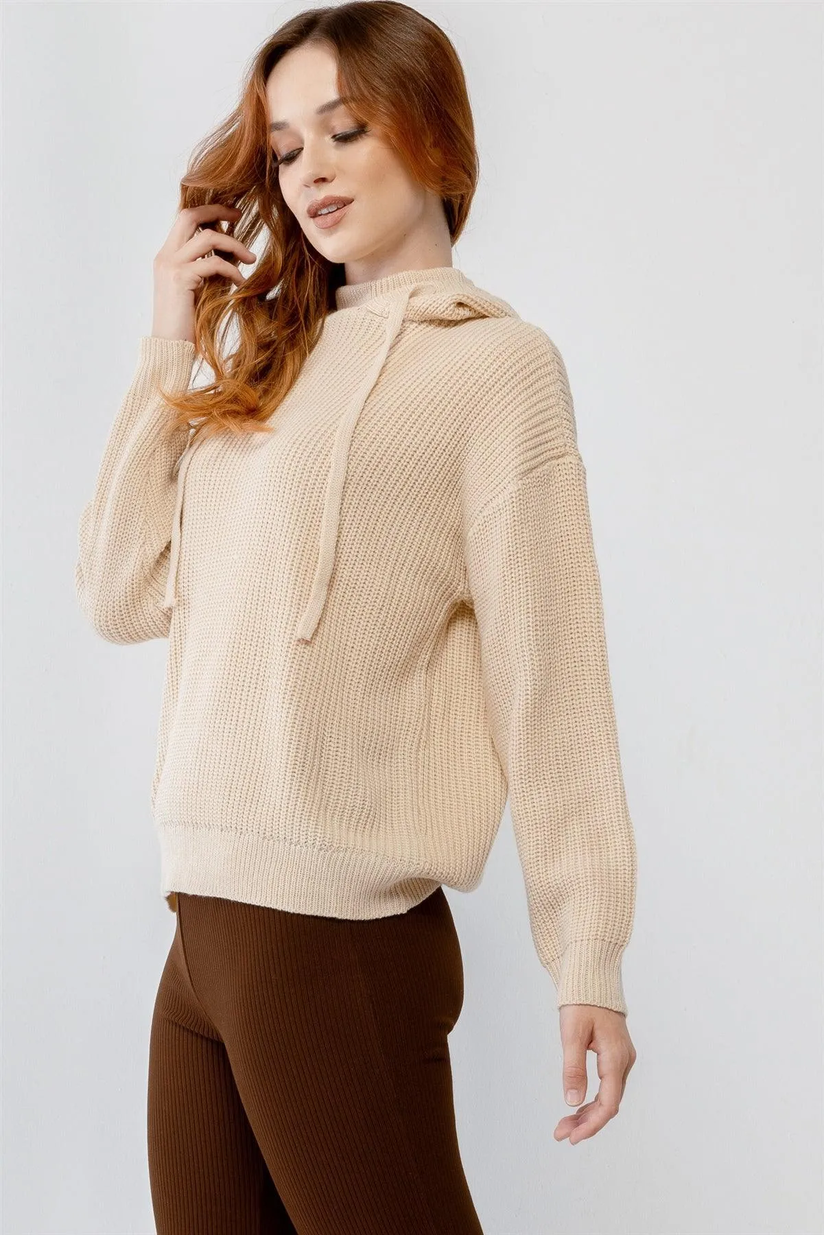 Oatmeal Knit Hooded Long Sleeve Relaxed Sweater /2-2-2