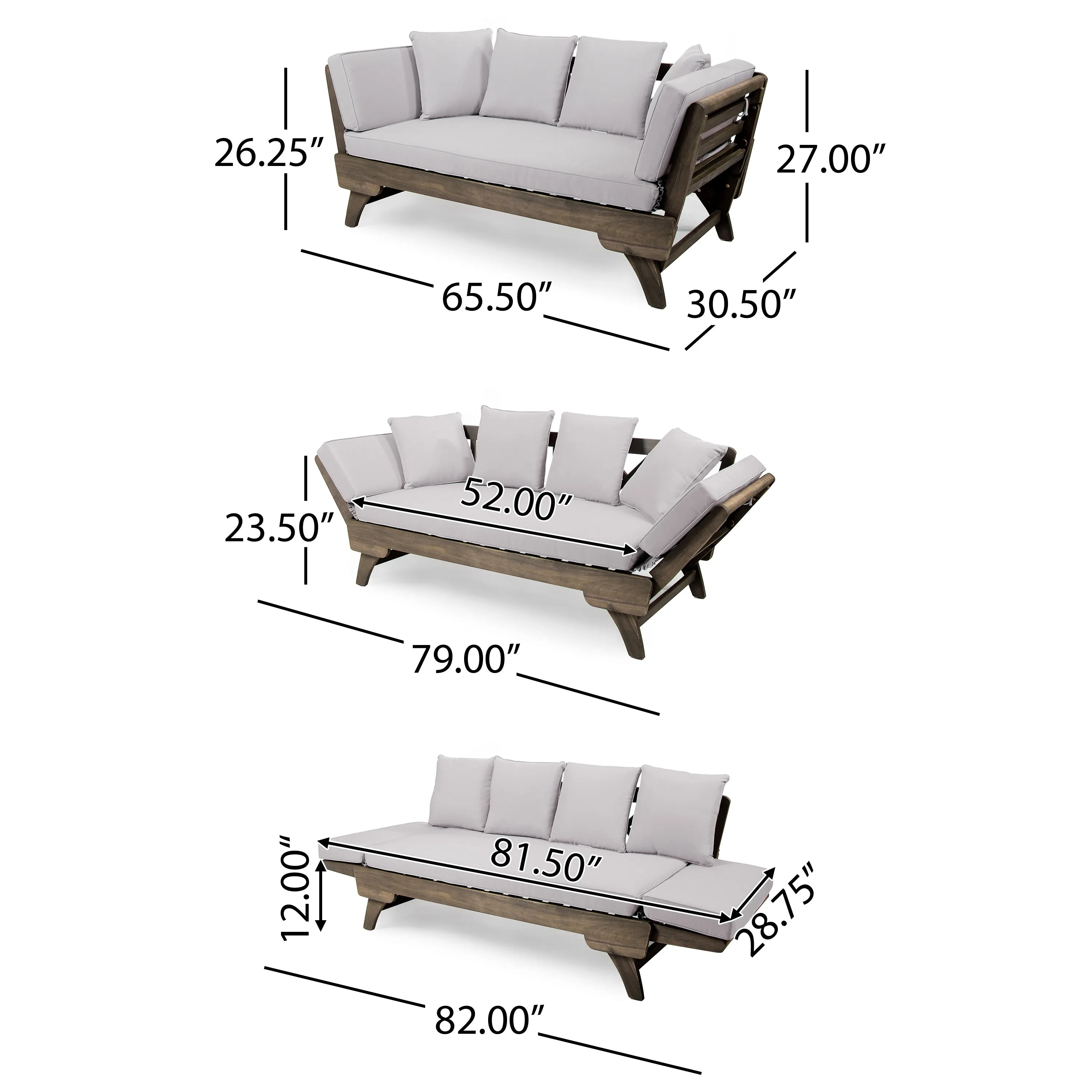 Othello Gray Acacia Convertible Outdoor Sofa Daybed